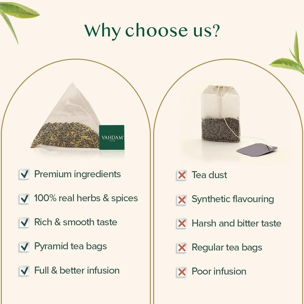 VAHDAM VAHDAM, Original Himalayan Green Tea (15 Count) High Grown, Non GMO, Gluten Free, Med Caffeine | Earthy, Smooth & Refreshing | Resealable & Individually Wrapped | Plant-Based Pyramid Tea Bags