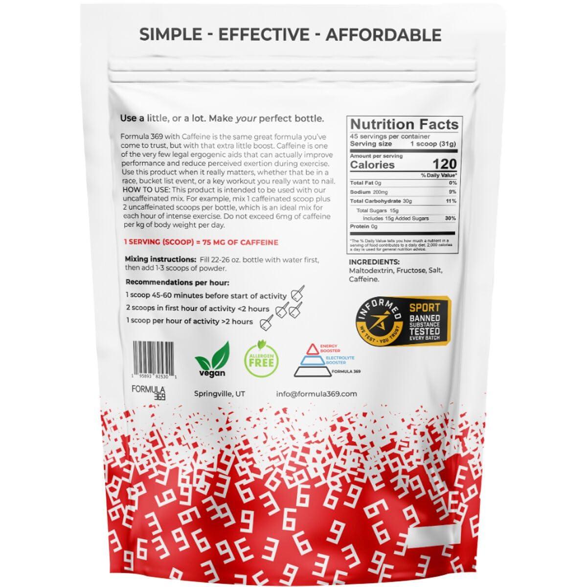 Generic Formula 369 with Caffeine, Endurance Fuel Drink Mix, 3 Pound Bag with 45 Servings, 30g of Carbs and 75mg of Caffeine per Serving, high carb Mix with 1:1 Ratio Glucose to Fructose, Vegan, Gluten Free