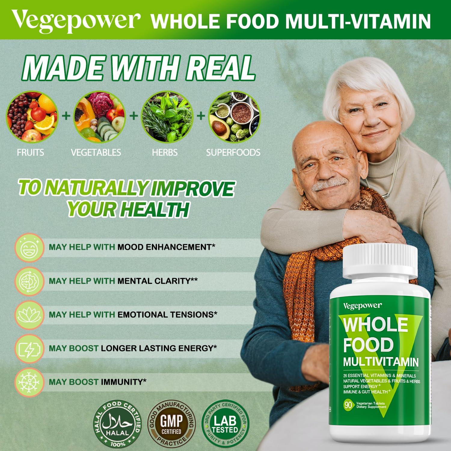 VEGEPOWER Whole Food Multivitamin for Men Women - with 65+ Vitamins, Minerals, Organic Nature Powder & Extracts - Whole Food Supplement for Energy, GUT, immune Health - All Natural, Non-GMO 90 Vegan tablets