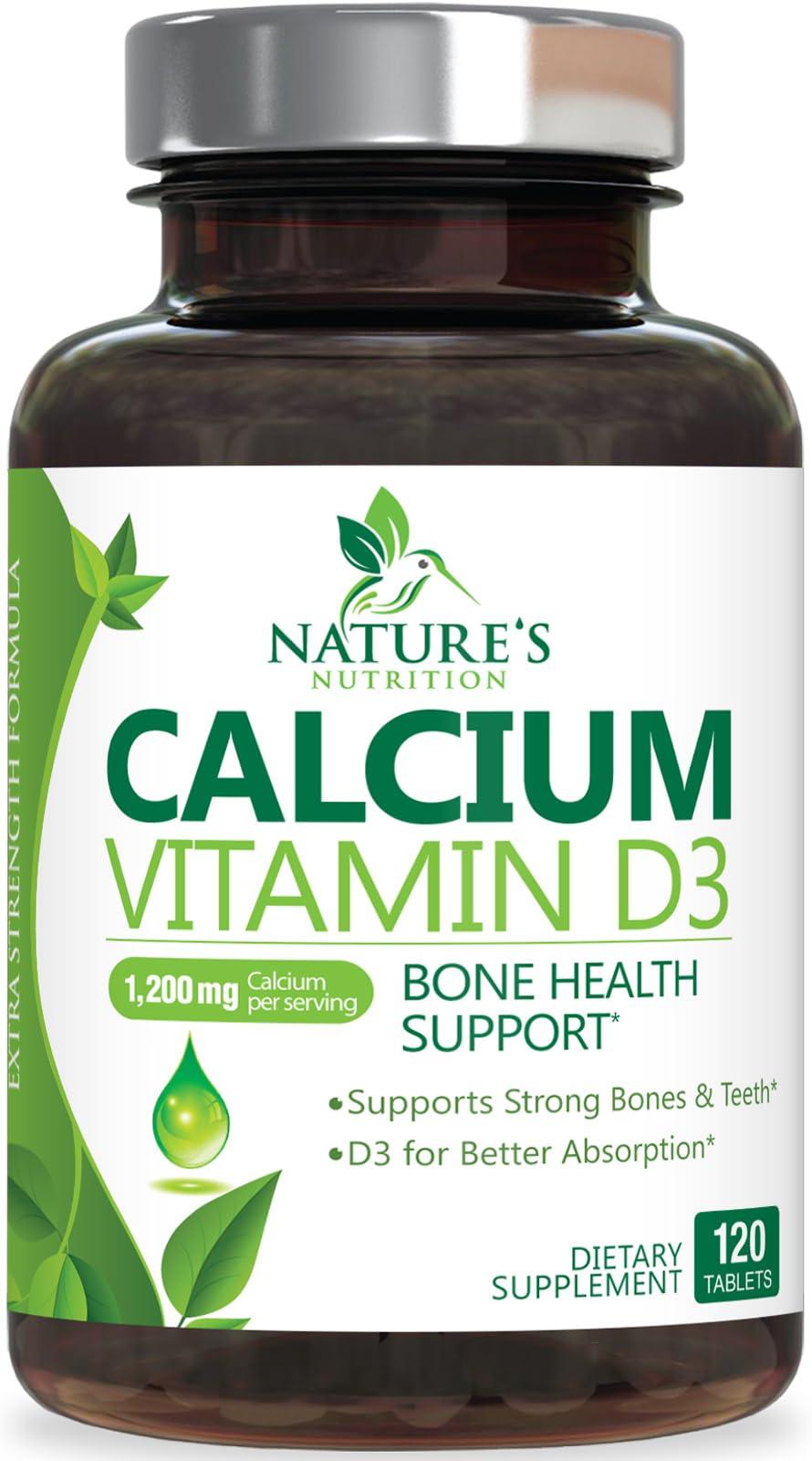 Nature's Nutrition Calcium 1200 mg with Vitamin D3, Calcium Supplement Vitamins, Supports Bone Strength, Teeth & Immune System, Calcium Supplements for Women & Men, Nature\'s Absorbable Calcium Carbonate - 120 Tablets
