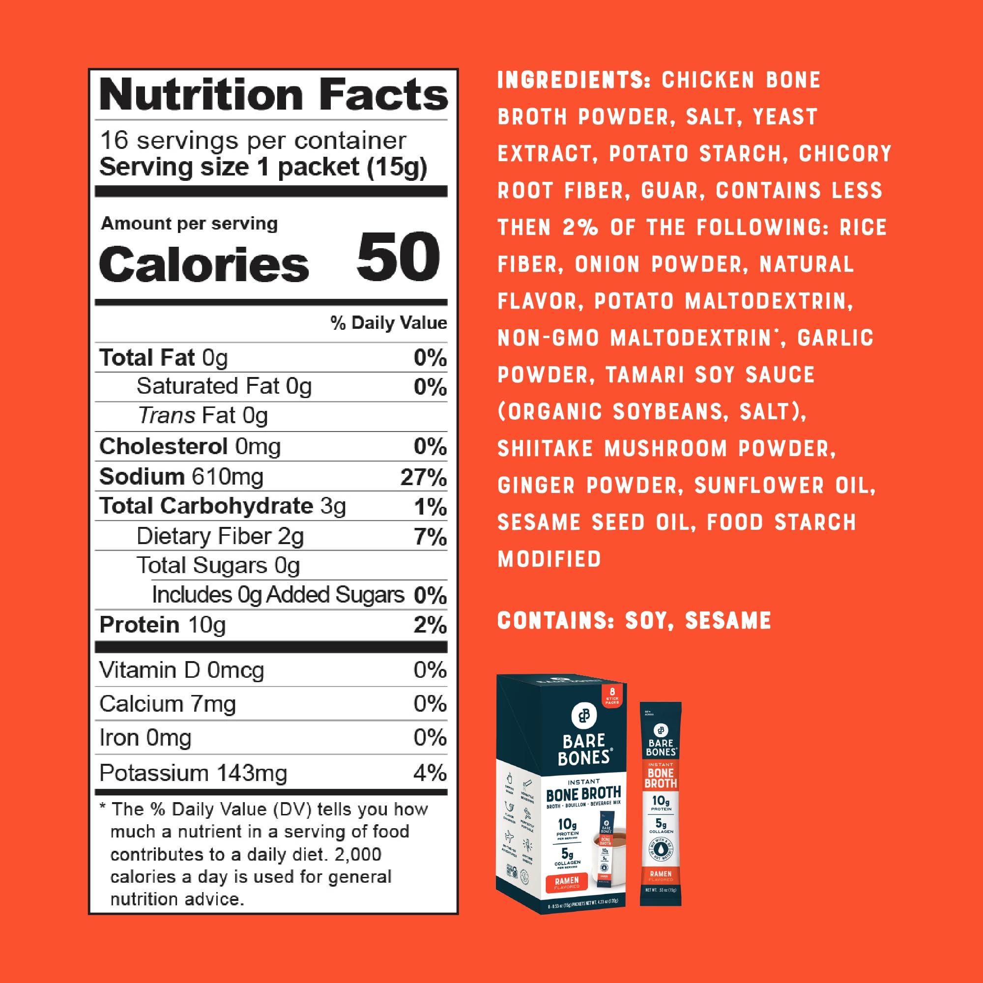 Bare Bones Bare Bones Bone Broth Instant Powdered Beverage Mix, Ramen, Pack of 8, 15g Sticks, 10g Protein, Keto & Paleo Friendly, Non-GMO, Gluten-Free, Dairy-Free