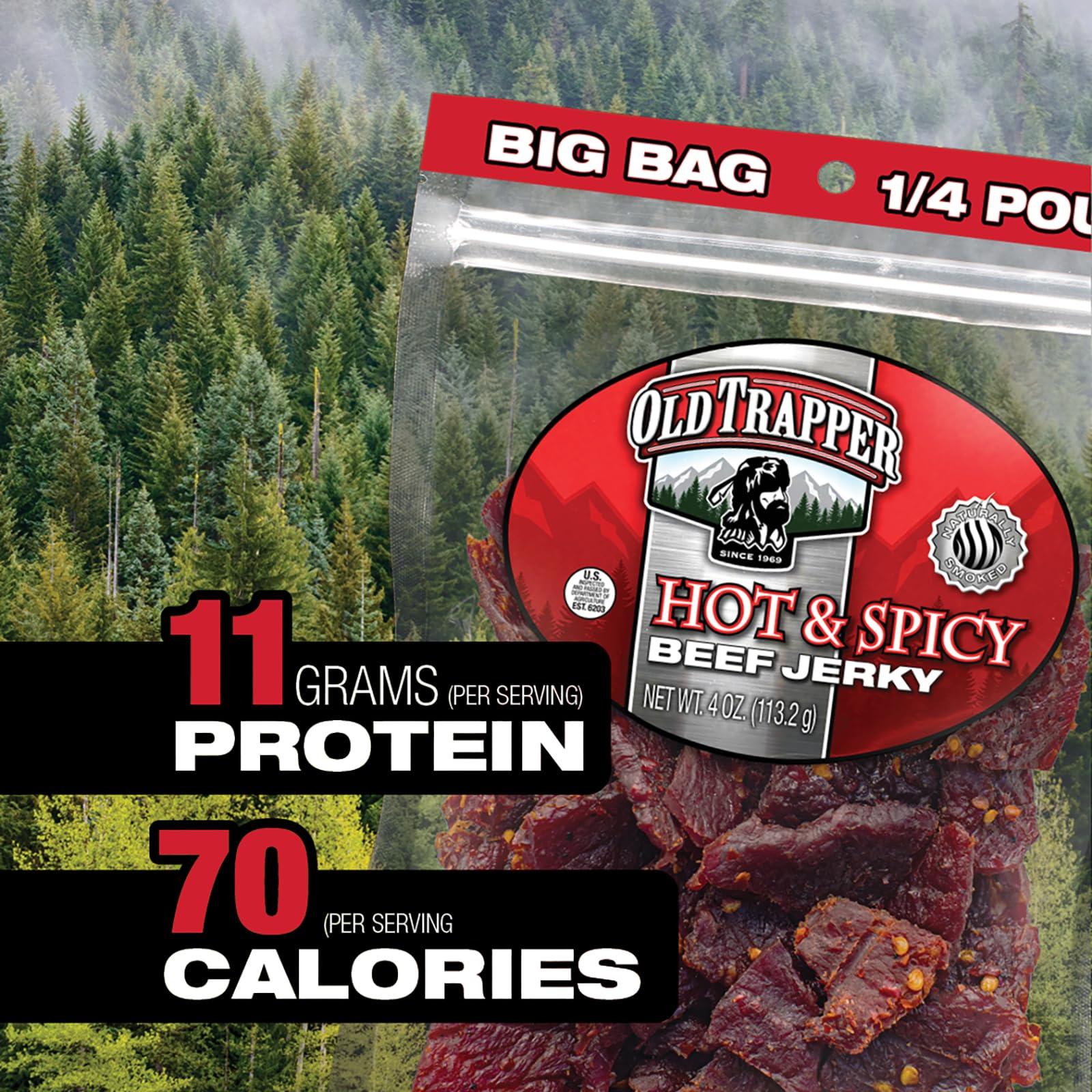Old Trapper Old Trapper Beef Jerky, Hot & Spicy 1/4-Pound Individual Package, Savory and Spicy Meat Snacks for Lunches or Between Meals, 11 Grams of Protein and 70 Calories per Serving (Pack of 8)