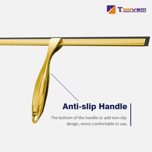 TOOVEM A FAMILY OF MANUFACTURERS TOOVEM 14 Inch Shower Squeegee for Glass Doors, Window, Bathroom, Car Windshield, Shower Cleaning Tools with S Hook, Square Sticky Hook (Gold)