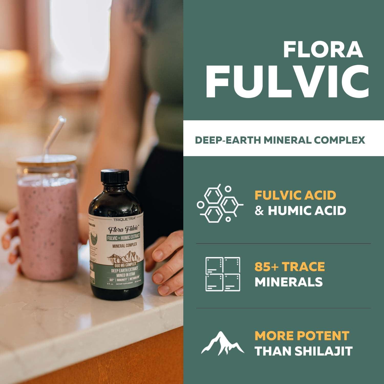 Triquetra Health Flora Fulvic | Fulvic Acid + Humic Acid Complex 550 mg |Mined in Utah, Prehistoric Deep Earth Extract | Immunity, Gut, Digestion Natural Trace Mineral Complex, Fulvic Acid Supplement 8 fl oz.