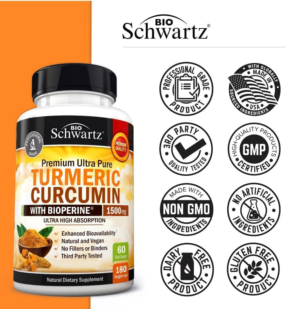 BioSchwartz Turmeric Curcumin with Black Pepper Extract 1500mg Complex (2 Month Supply) Plus High Absorption Magnesium Bisglycinate Capsules (4 Month Supply)