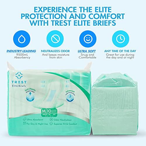 Trest TREST Elite Briefs for Men and Women, Overnight Diapers for Incontinence, Elite Absorbency, Comfortable, Odor Neutralizing and Secure Fit with 2 Wide Tabs - Green, Medium (Pack of 10)