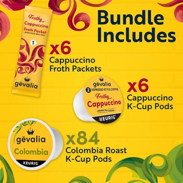 Gevalia Gevalia Colombia Blend Medium Roast K-Cup Coffee Pods (84 Pods) with Gevalia Cappuccino K-Cup Coffee Pods with Froth Packets (6 Pods and Froth Packets)