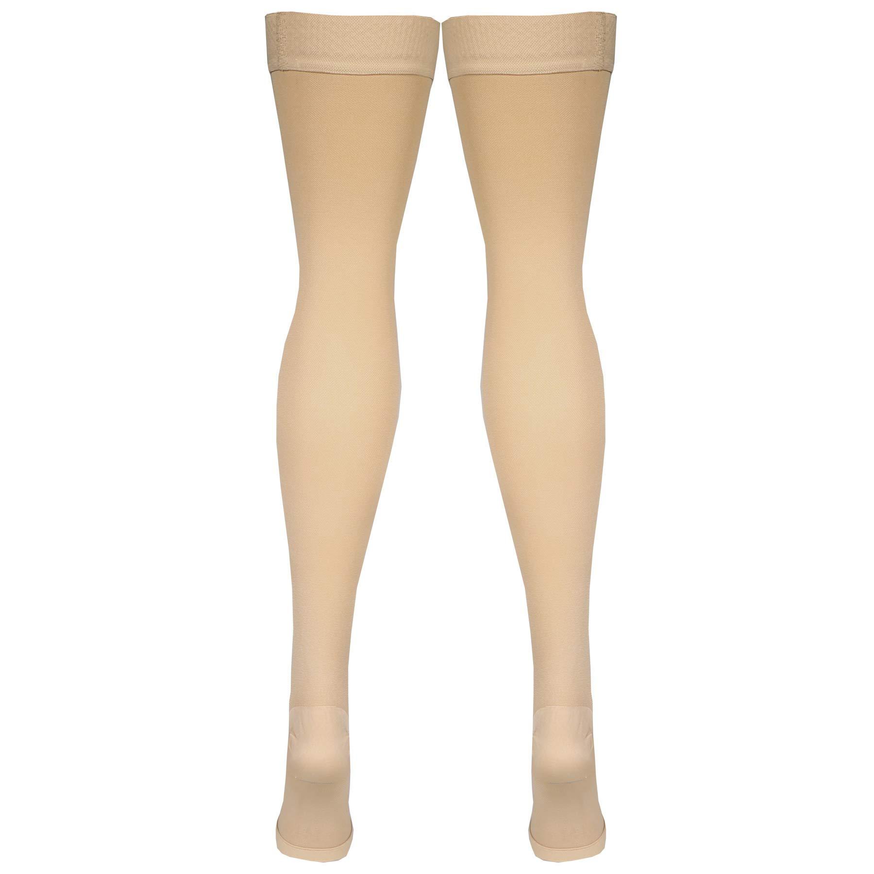 Amazon Basic Care Amazon Basic Care Medical Compression Stockings, 20-30 mmHg Support, Women & Men Thigh Length Hose, Open Toe, Beige, Small (Previously NuVein) (Pack of 2)