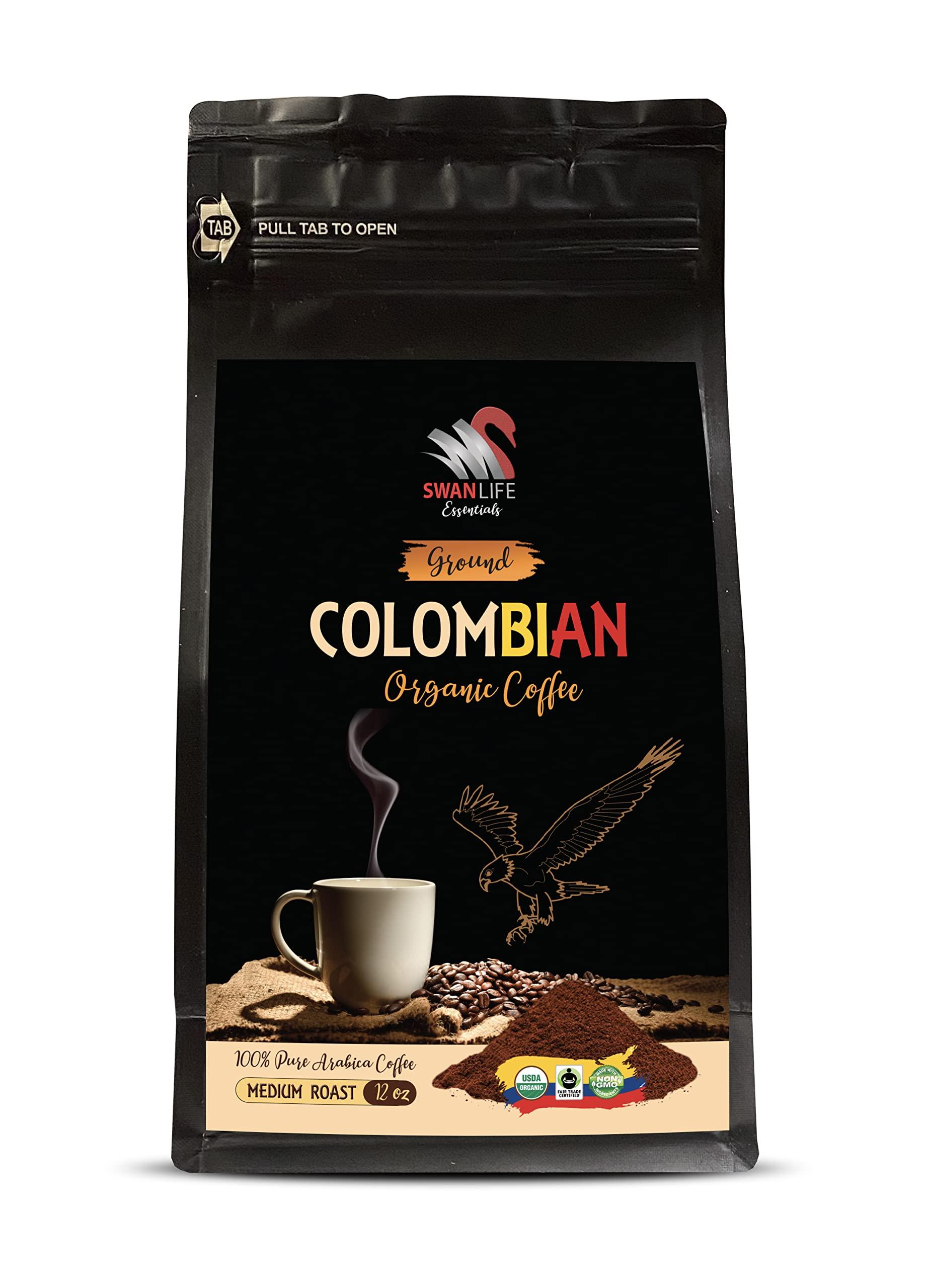 SWAN LIFE ESSENTIALS colombian coffee - COLOMBIAN GROUND COFFEE ORGANIC, medium roast, 100% pure arabica, acidity medium, fair trade - medium roast coffee ground, 1 Bag (12 Oz)