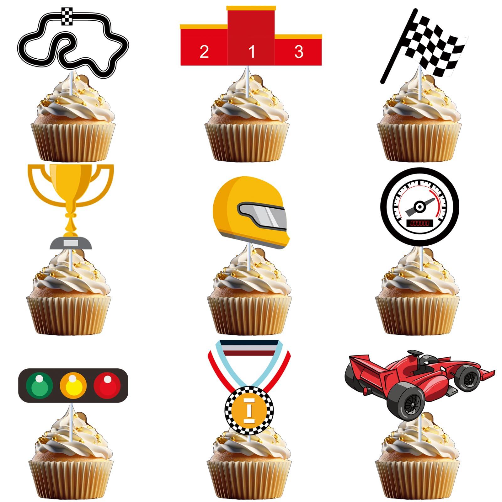 HYYHXFS 36Pcs Racing Car Cupcake Toppers Racing Car Happy Birthday Cake Party Decorations Checkered Track Trophy Two Fast Fast One Cupcake Picks Kids Boy Girl Birthday Party Supplies