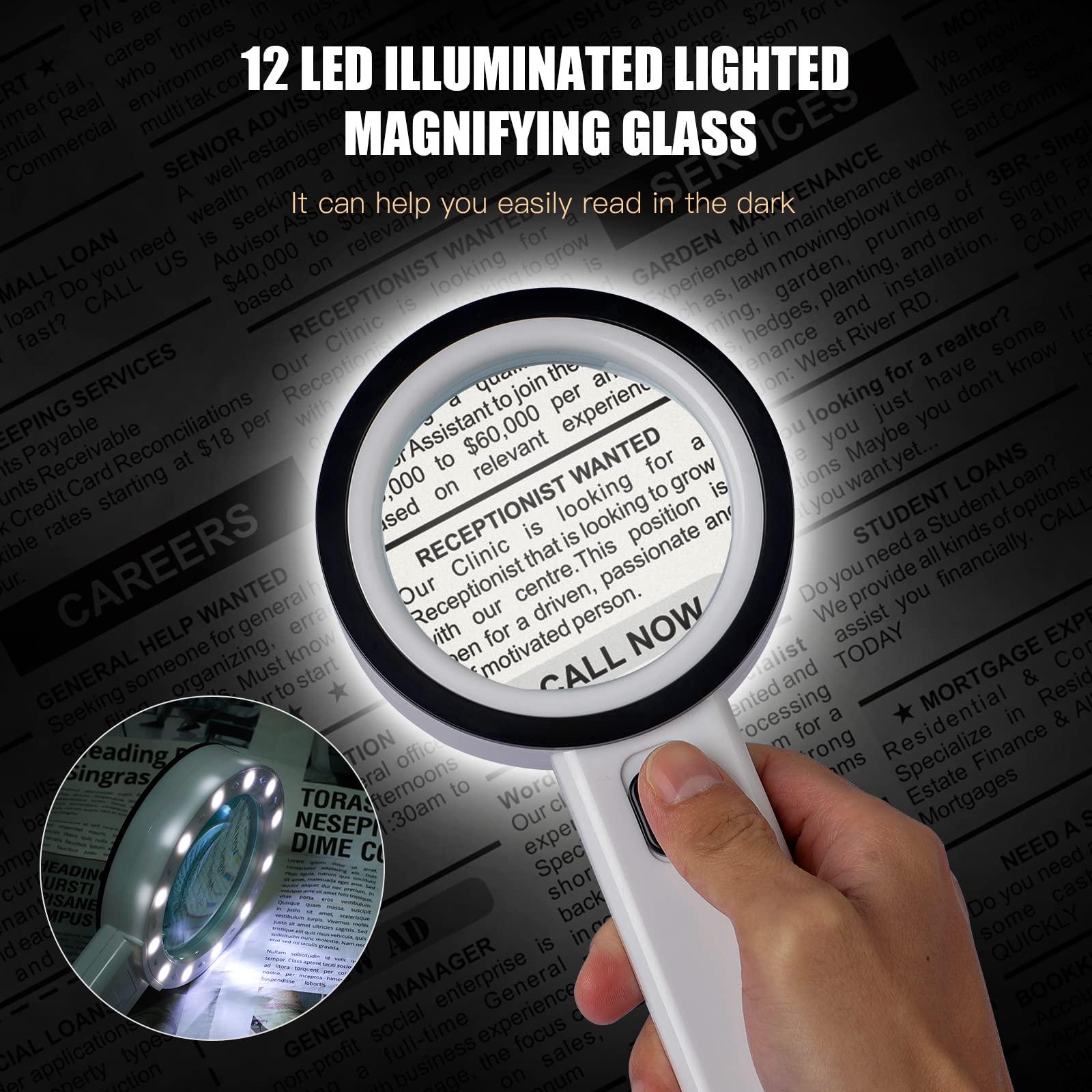 Cencita Magnifying Glass with Light, 30X Handheld Magnifying Glass, 12 LED Illuminated Lighted Magnifier for Low Vision Seniors Reading, Macular Degeneration, Soldering, Inspection, Coins, Jewelry, Exploring