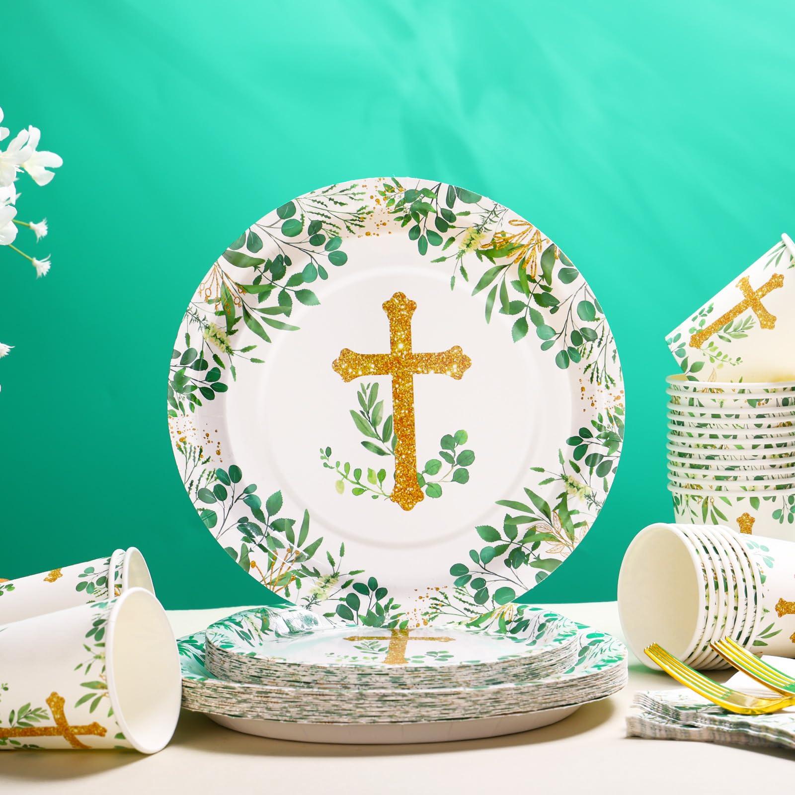 joy akkess 175 PCS Baptism Plates and Napkins Party Supplies - Baptism Decorations for Boys - God Bless Disposable Paper Plates First Communion Plates for Christening Baby Shower Party Decorations