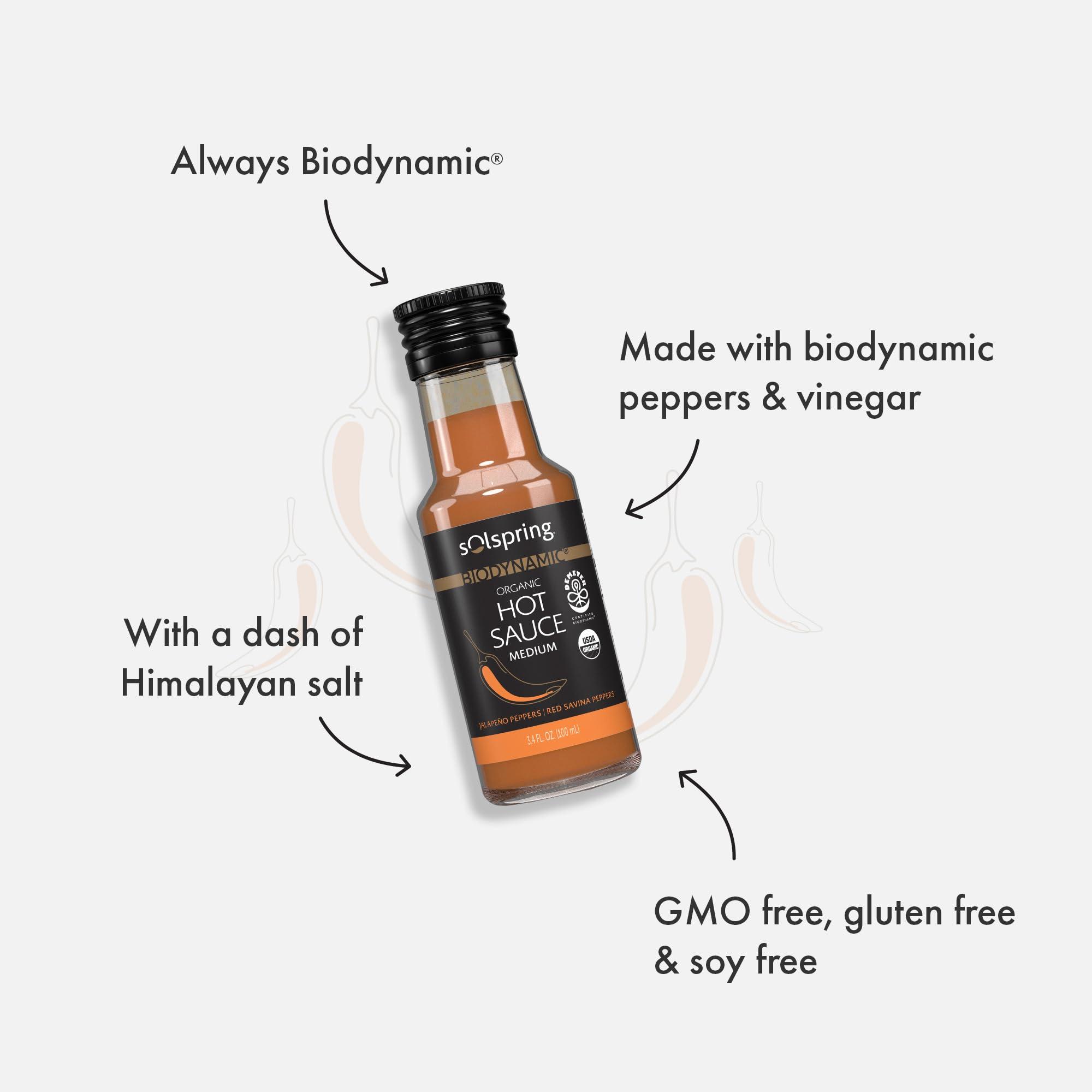 Dr. Mercola Solspring Biodynamic Organic Hot Sauce, Medium, 3.4 Fl. Oz. (100 mL), Jalapeno & Red Savina Peppers, Non-GMO, Gluten Free, Soy Free, Certified USDA Organic, Demeter Certified