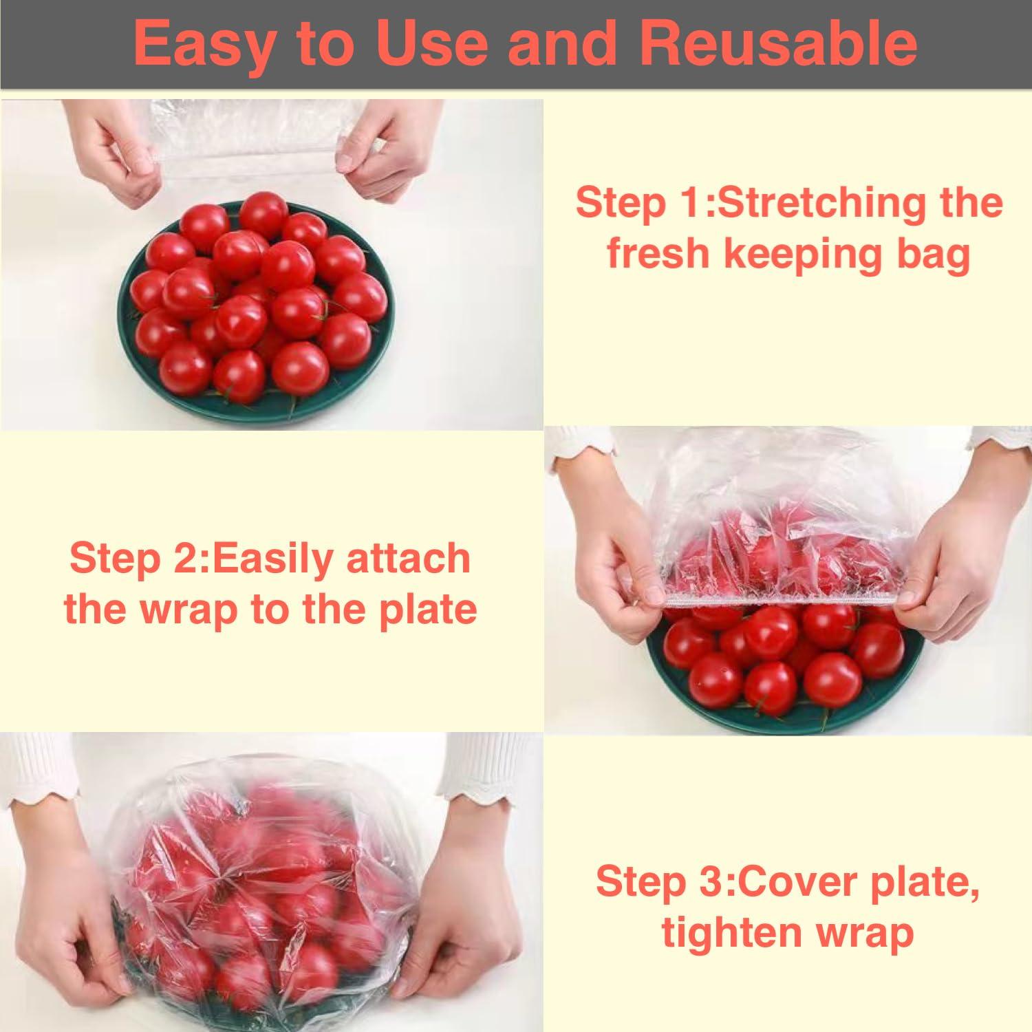 FRAGRANTGARDEN Fresh Keeping Bags, Plastic Sealing Elastic Stretch Adjustable Bowl Lids, Reusable Plastic Kitchen Wrap for Cover Food, Cling Film for Picnic (100PCS)