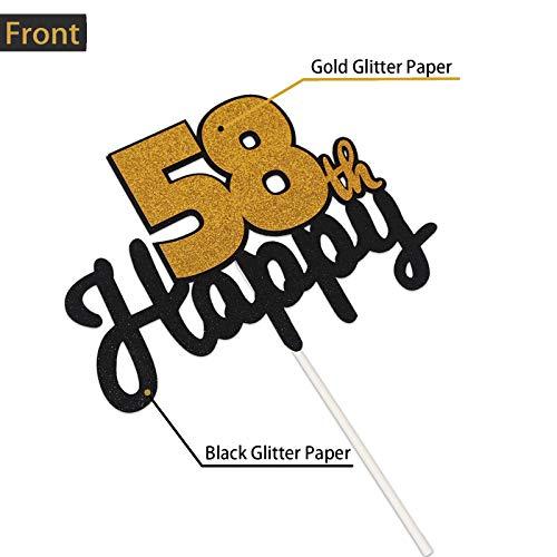 LASKYER LASKYER Happy 58th Birthday Black & Gold Glitter Cake Topper 58 Years Old 58 Birthday Party Decorations.