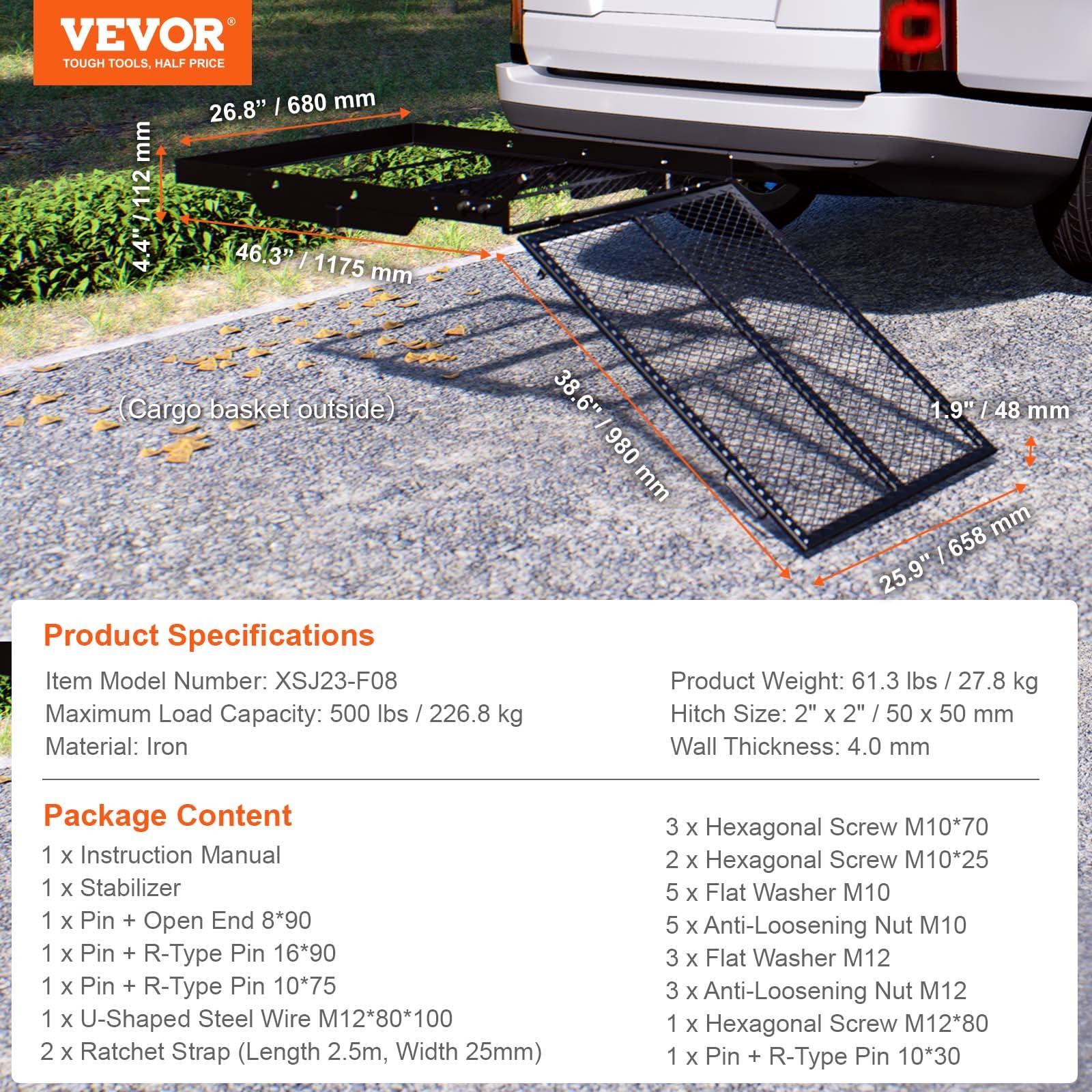 VEVOR VEVOR Hitch Mount Wheelchair Carrier, 500LBS Mobility Scooter Carrier with Folding Ramp, Iron Trailer Hitch Rack Basket with Stabilizer, Straps, Fit 2\" Hitch Receiver for SUV Van Car, 45.3\" x 25.6\"