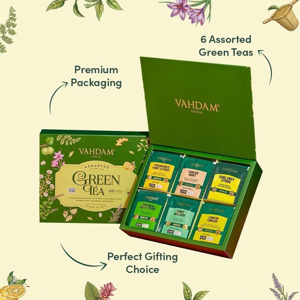 VAHDAM VAHDAM, Green Tea Variety Pack Sampler Assortment (60 Pyramid Tea Bags, 6 Flavor) | Non-GMO Project Verified Premium Tea with No Artificial Ingredients