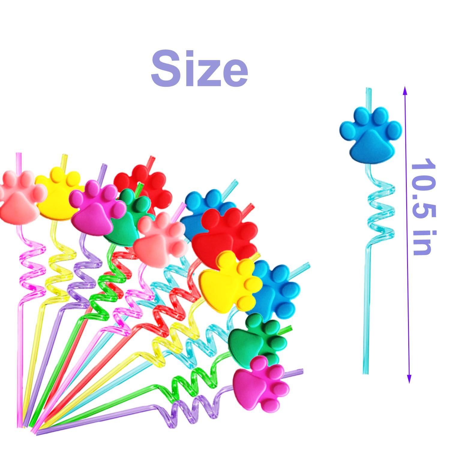 DFCROMI Paw Straws Birthday Party Decorations Supplies, 24pcs Paw Print Patrol Reusable Plastic Fun Cute Crazy Silly Drinking Straws+2pcs Cleaning Brush for Pet Dog Puppy Pals Cat Birthday Suppliers Favors