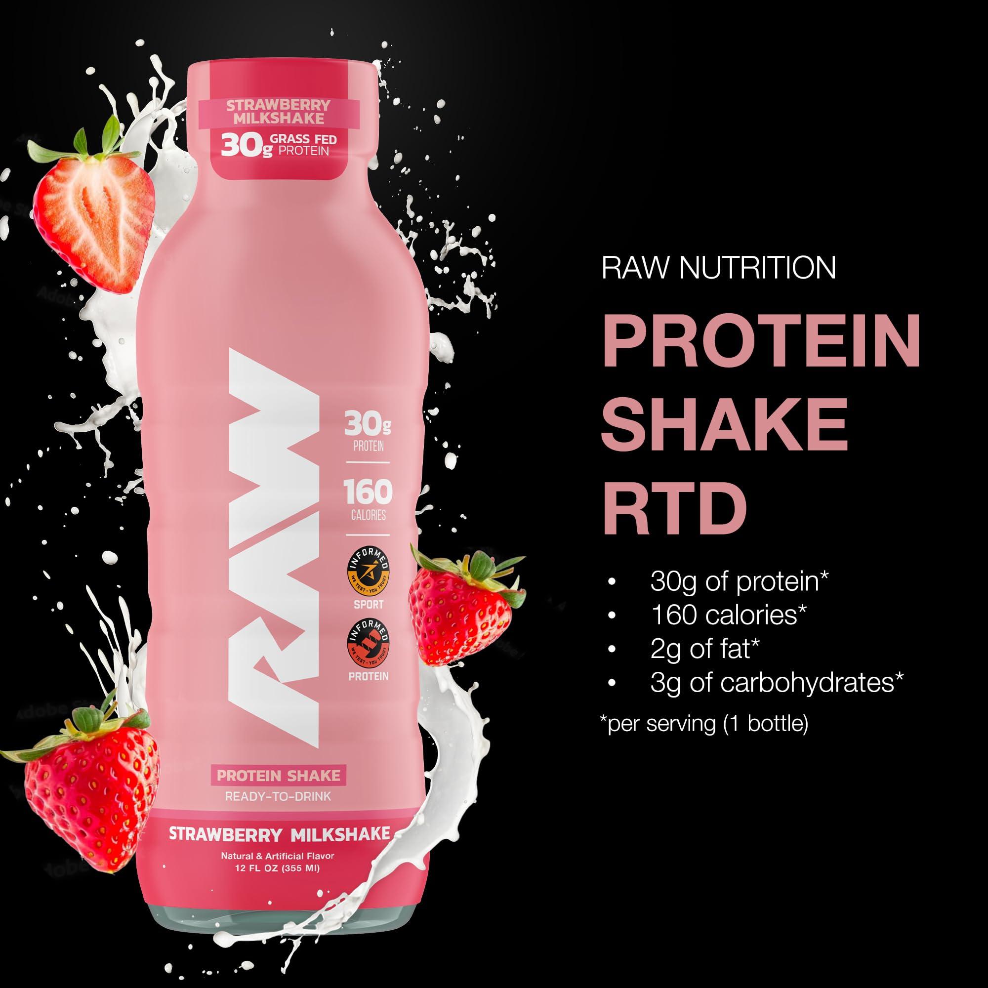 RAW RAW Ready-to-Drink Protein Shake, Strawberry - RTD Protein Drinks with Grass-Fed Whey Protein Isolate for Post-Workout - Zero-Sugar & Gluten-Free Meal Replacement Drink & Breakfast Shake, 12 Fl Oz