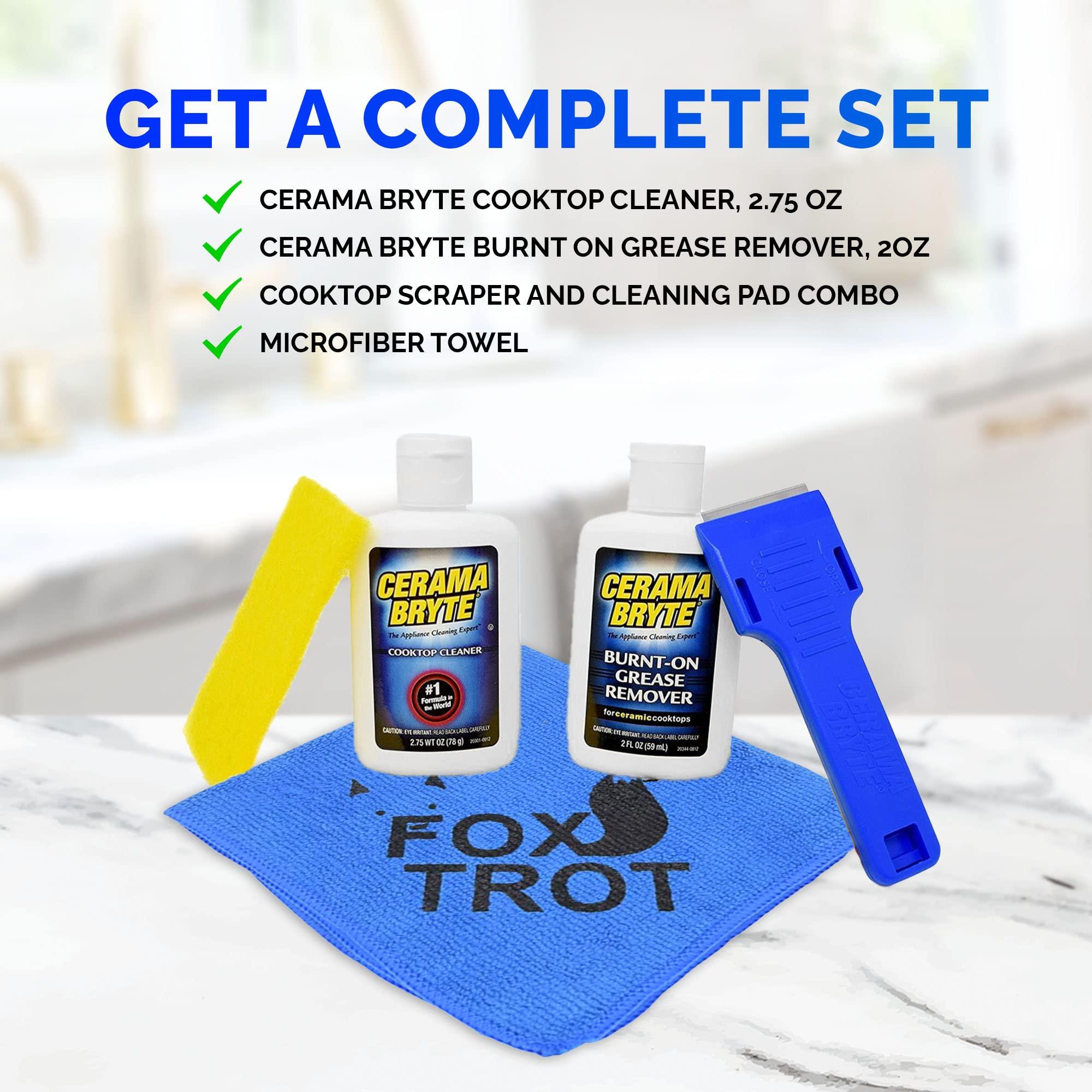 Fox Trot Cerama Bryte Complete Cooktop Cleaner Kit - Includes Cerama Bryte Glass Stove Top Cleaner - Burnt On Grease Remover For Ceramic Stovetop - Scraper, Scrubber & Foxtrot Microfiber - Removes Tough Stains