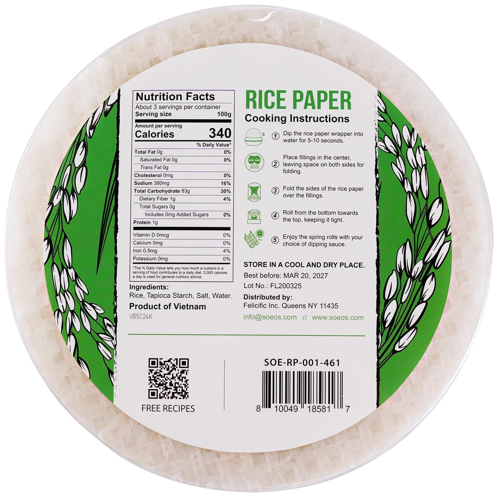 Soeos Soeos Rice Paper, White Rice Paper Wrappers, 1 Pack, 34 Sheets-Fresh Spring Roll Wrappers & Dumplings, Non-GMO, Gluten-Free, Low Carb, Vietnamese Rice Wraps (Round, 22cm)