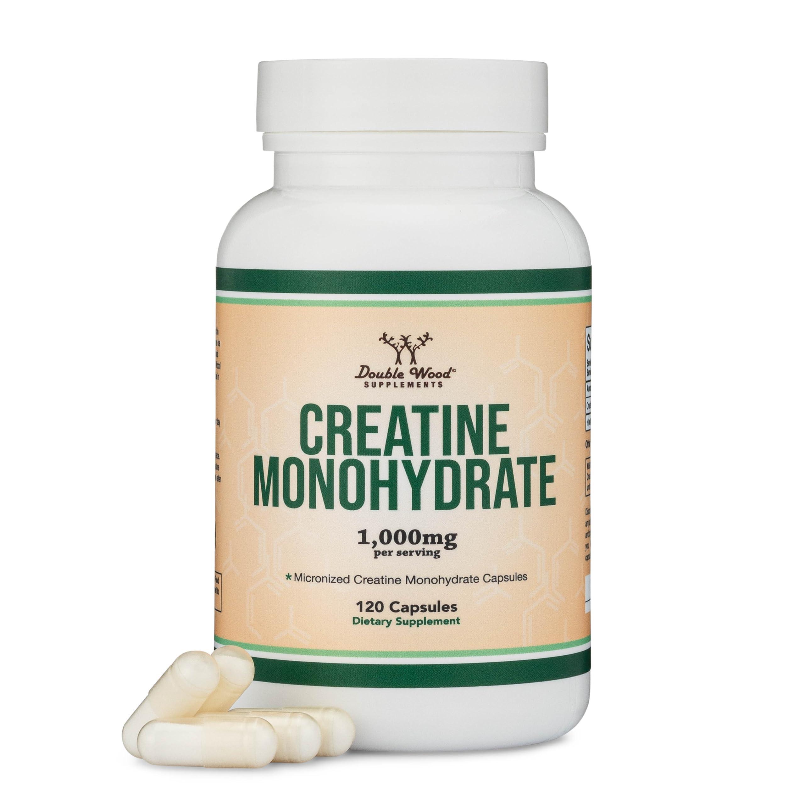 Double Wood Supplements Creatine Pills 1,000mg Per Serving (120 Creatine Capsules) Micronized Creatine Monohydrate Powder with No Fillers, Vegan Safe, Non-GMO, Gluten Free (Non Stim Preworkout) by Double Wood