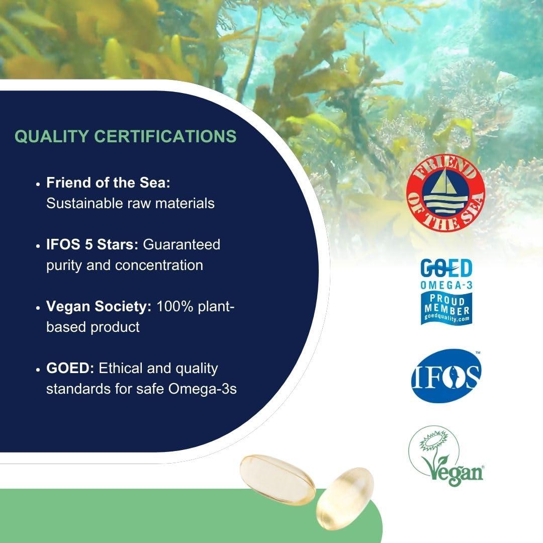 OMEGOR Omegor Veg Omega-3 Vegan (60 Capsules) Plant-Based Omega-3 Derived from Algal Oil, Enriched with Vitamin E Contains 250mg DHA and 125mg EPA per Capsule IFOS and Vegan Society Certified