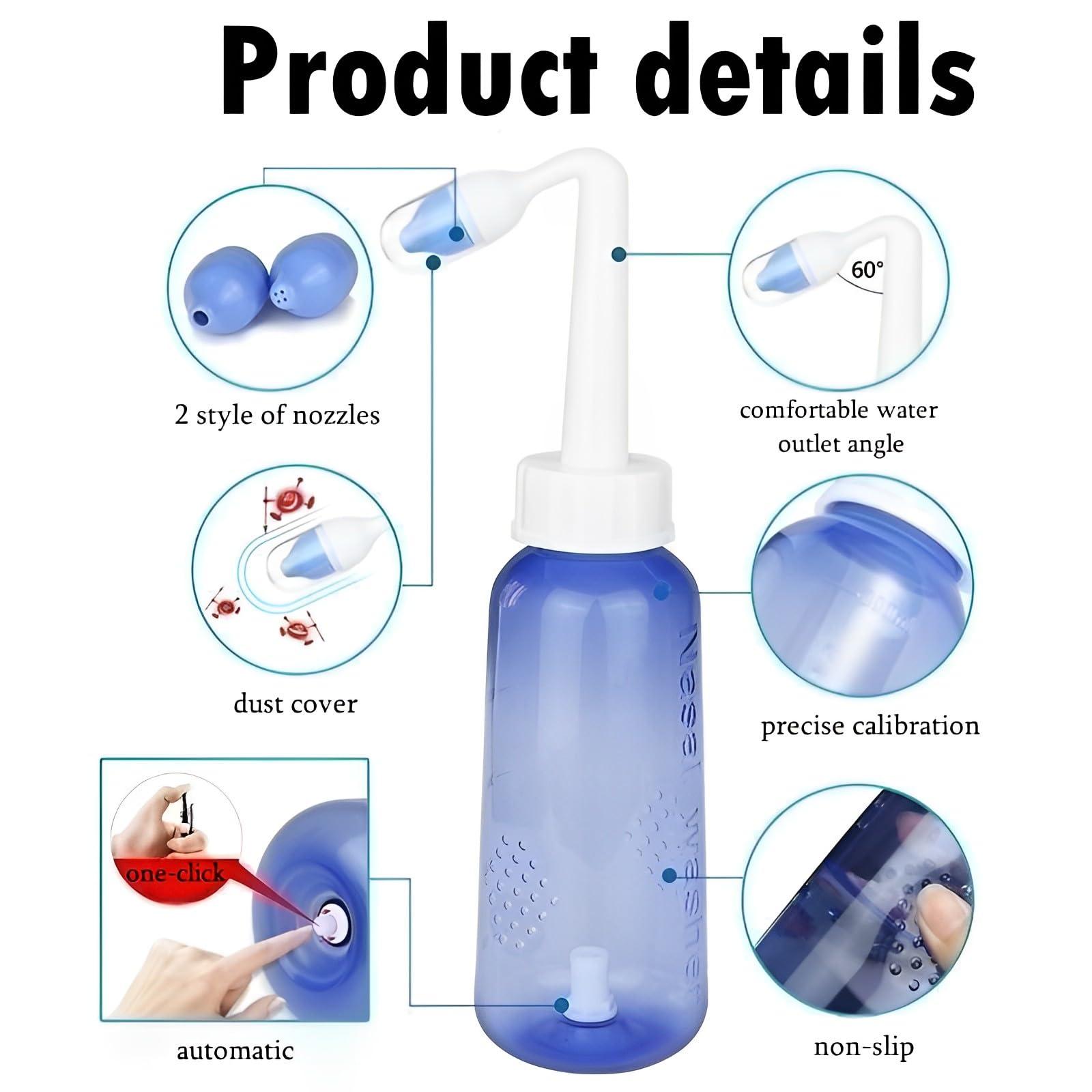SIQITECHNO Neti Pot 300ml Automatic Sinus Rinse Bottle With 2 Style Nozzles Pressure Rinse Nasal Irrigation Portable Nasal Cleaner for Sinus & Allergy Relief Nasal Rinse Kit For Adult and Kid Nasal Care BPA Free