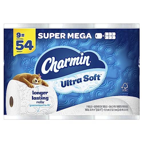charmin Charmin Ultra Soft Super Mega 2-Ply Toilet Paper Rolls, 4\" x 4-1/2\", White, 366 Sheets Per Roll, Pack Of 9 Rolls