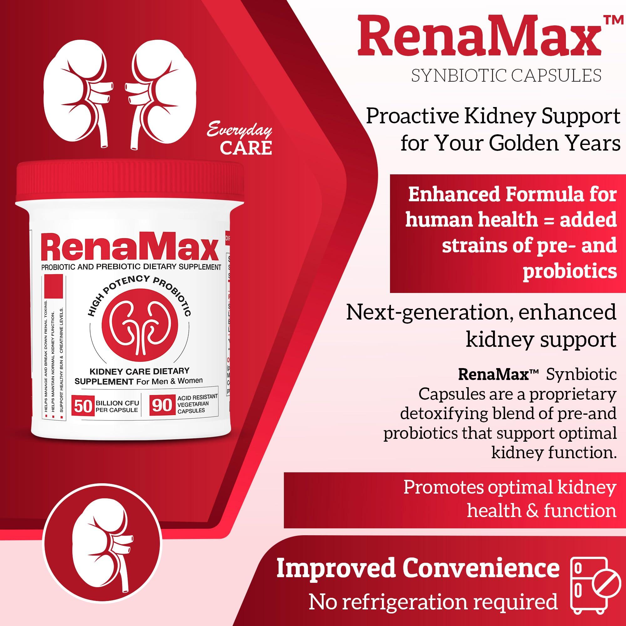 RENAMAX RENAMAX Capsule Kidney Restores & Kidney Care Supplement - Probiotic & Prebiotic Supplement to Support Normal Kidney Function - 50 Billion CFU per Capsule - Made in U.S.A (90 Caps (Pack of 1))