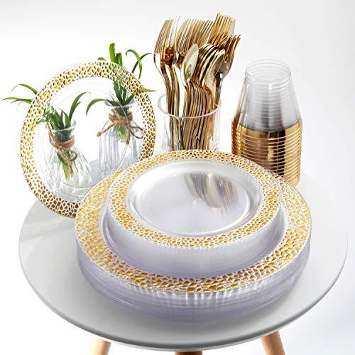 supernal Supernal 180pcs Gold Plastic Dinnerware,Clear Plasitc Plates with Gold Dimond Design,Gold Plastic Silverware,Gold Plates,Clear Cup with Gold Rim,Good Choice for Wedding and Party