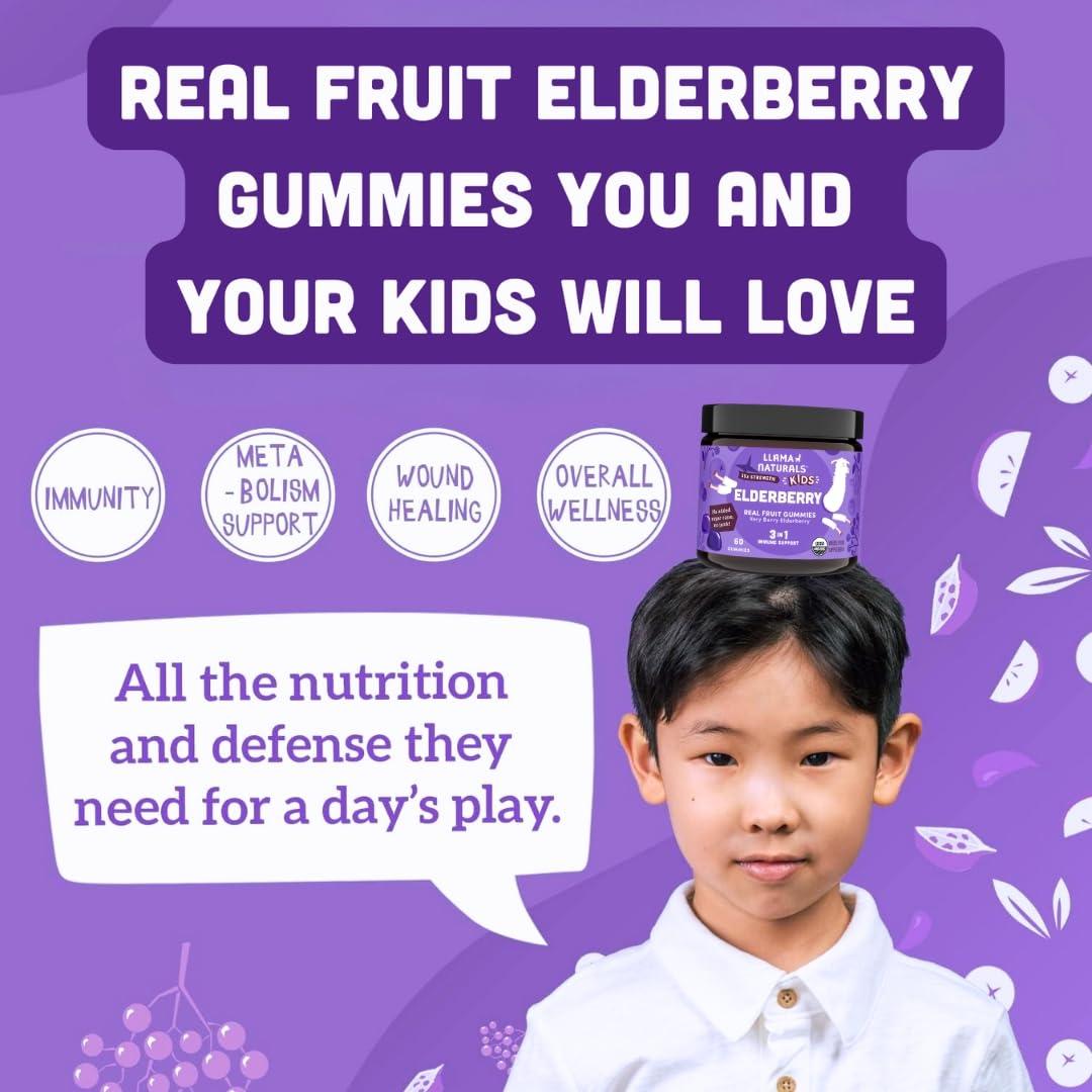Llama Naturals Llama Naturals Real Fruit Sambucus Elderberry Gummies for Kids, No Added Sugar Cane, Vegan, Organic Toddler Immune Support, Zinc & Vitamin C Children 120 Count (2-4 Month Supply)