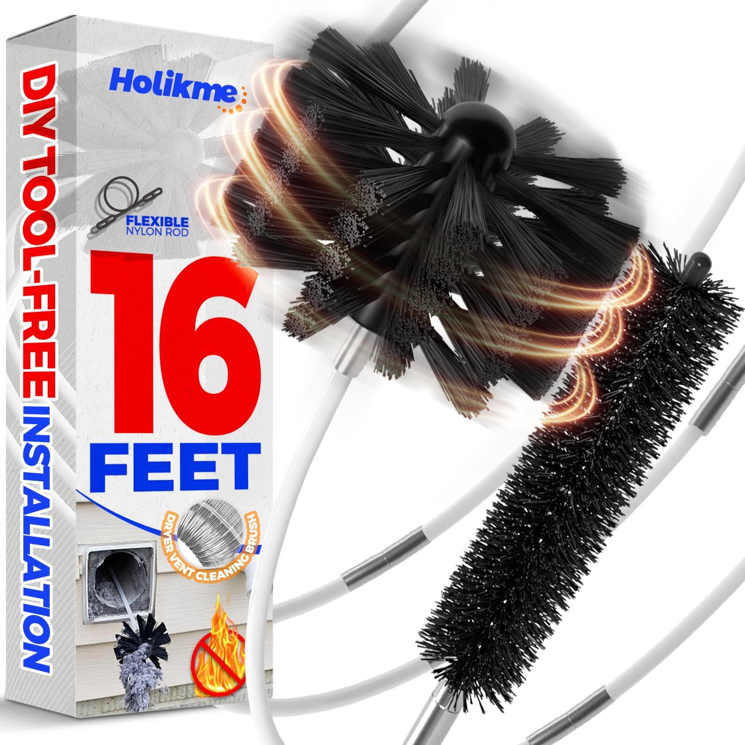 Holikme Holikme 16 Feet Dryer Vent Cleaning Brush Kit, Lint Remover,Fireplace Chimney Brushes, Extends Up to 16 Feet, Synthetic Brush Head, Use with or Without a Power Drill