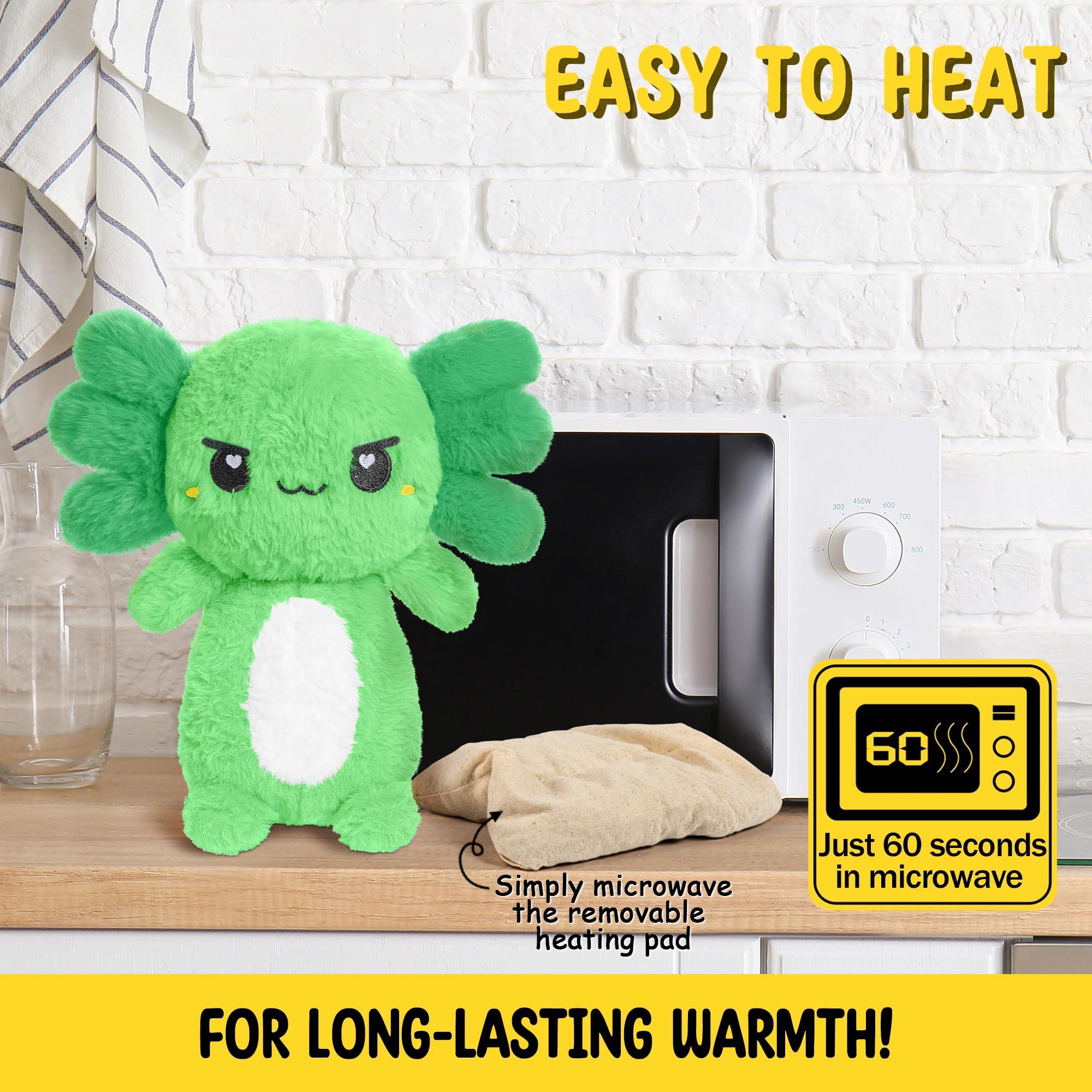 Happy Fuel Green Axolotl Microwavable 1.5 lbs Unscented Heating Pad for Women and Kids- Cute Soft Cozy Pillow Plush Heatable Warm Stuffed Animals - Kawaii Hot and Cold Plushie - Axolotl Gifts for Girls and Boys