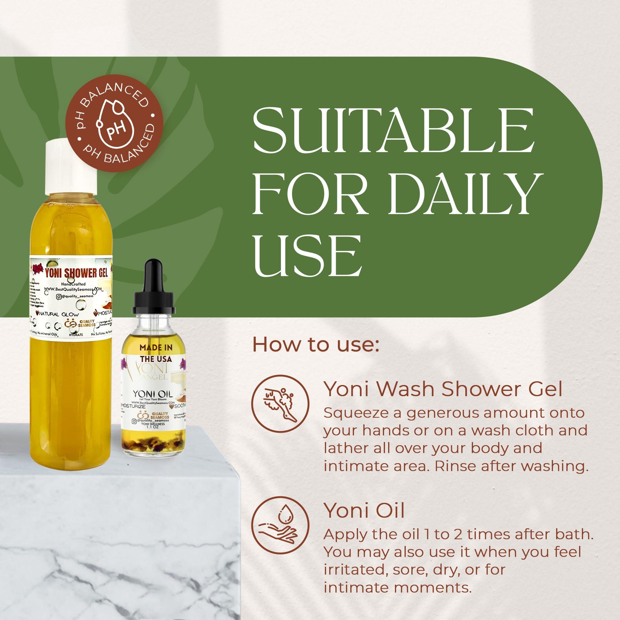 Quality Seamoss and Yoni Oil Yoni Wash Shower Gel (7 oz) and Yoni Oil (1.1 oz) Bundle, Includes Body Wash for Cleansing and Feminine Care Oil for pH Balance and Odor Control, Natural Feminine Hygiene Products, Body Care Bundle