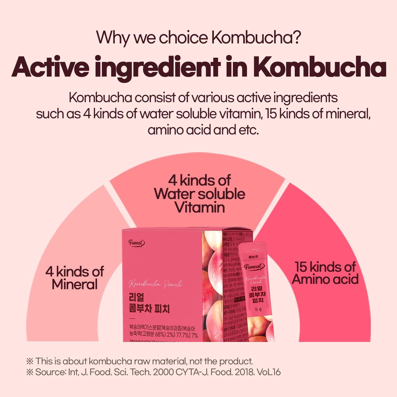 Funeat Funeat Real Kombucha Peach Flavor, Zero Sugar, Sparkling Fermented Powered Mix Beverage from Korea, 30 Sticks, 5 Ounce