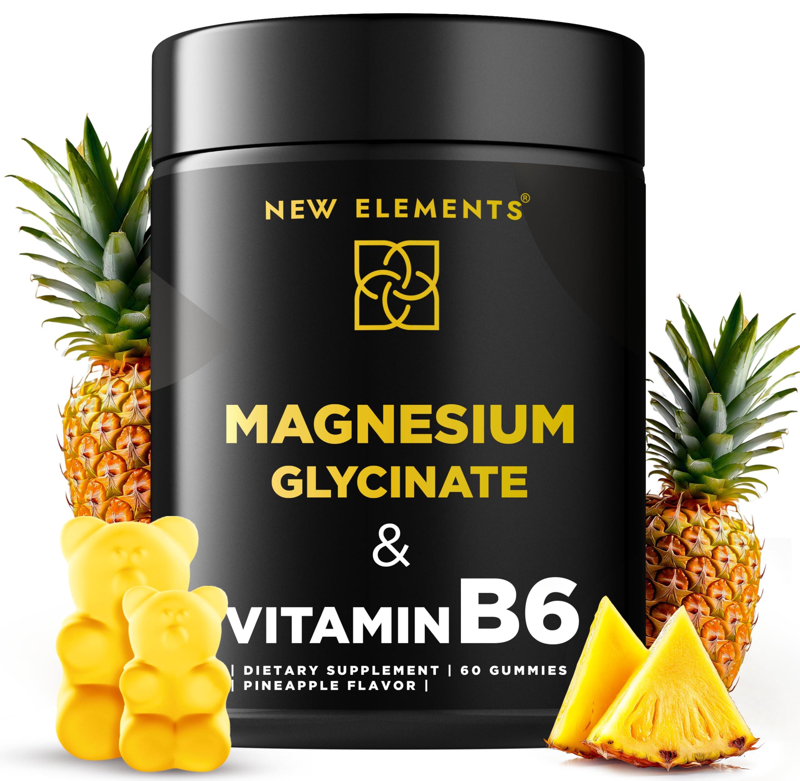 New Elements Magnesium Glycinate Gummies 500mg with Vitamin B6 100mg for Adults and Kids - High Absorption | Non-GMO | No Gluten | Stress Relief | Sleep & Relaxation | Muscle & Heart Support | Natural & Vegan