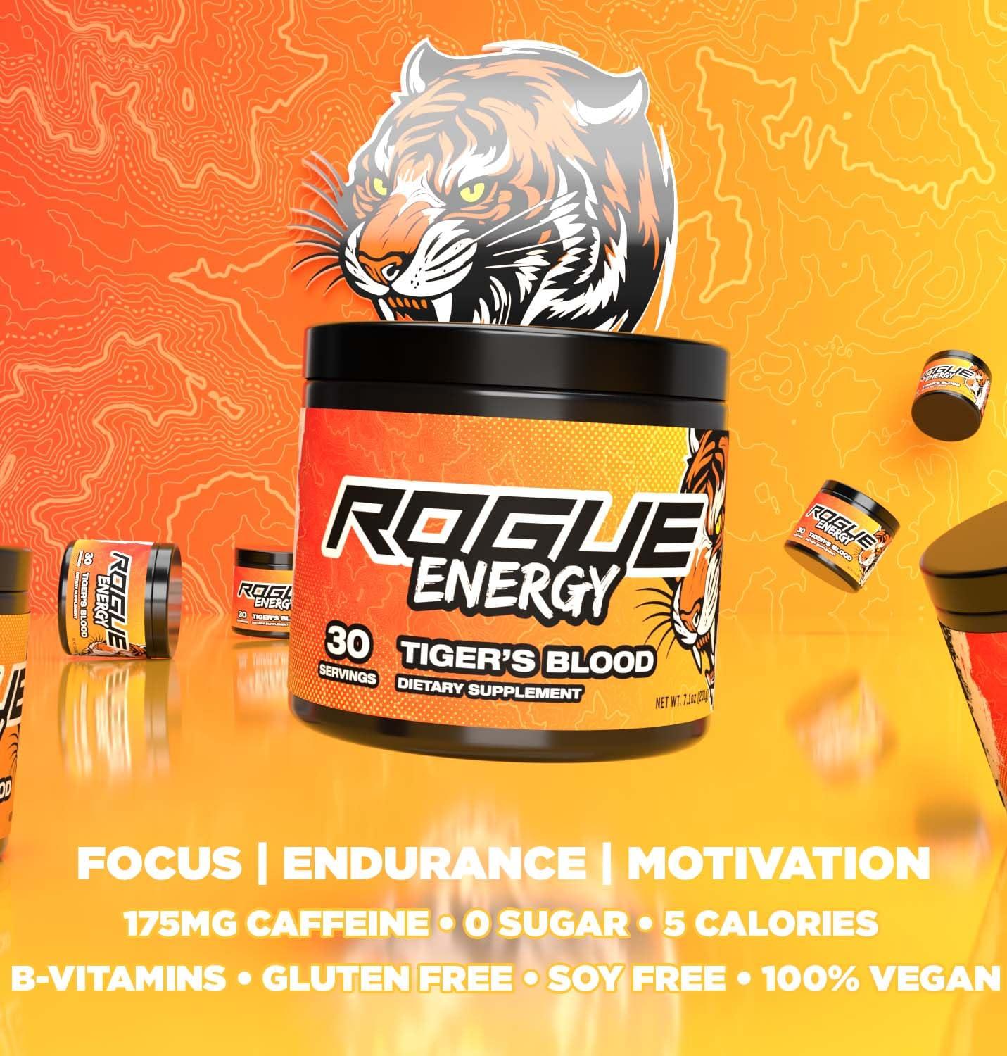 Rogue Energy Rogue Energy Drink Powder for Long Gaming Hours - Energy Powder for Mental Focus - Sugar and Gluten Free - Gaming Supplement with Caffeine and Vitamins - Made in USA (Tigers Blood Tub - 30 Servings)