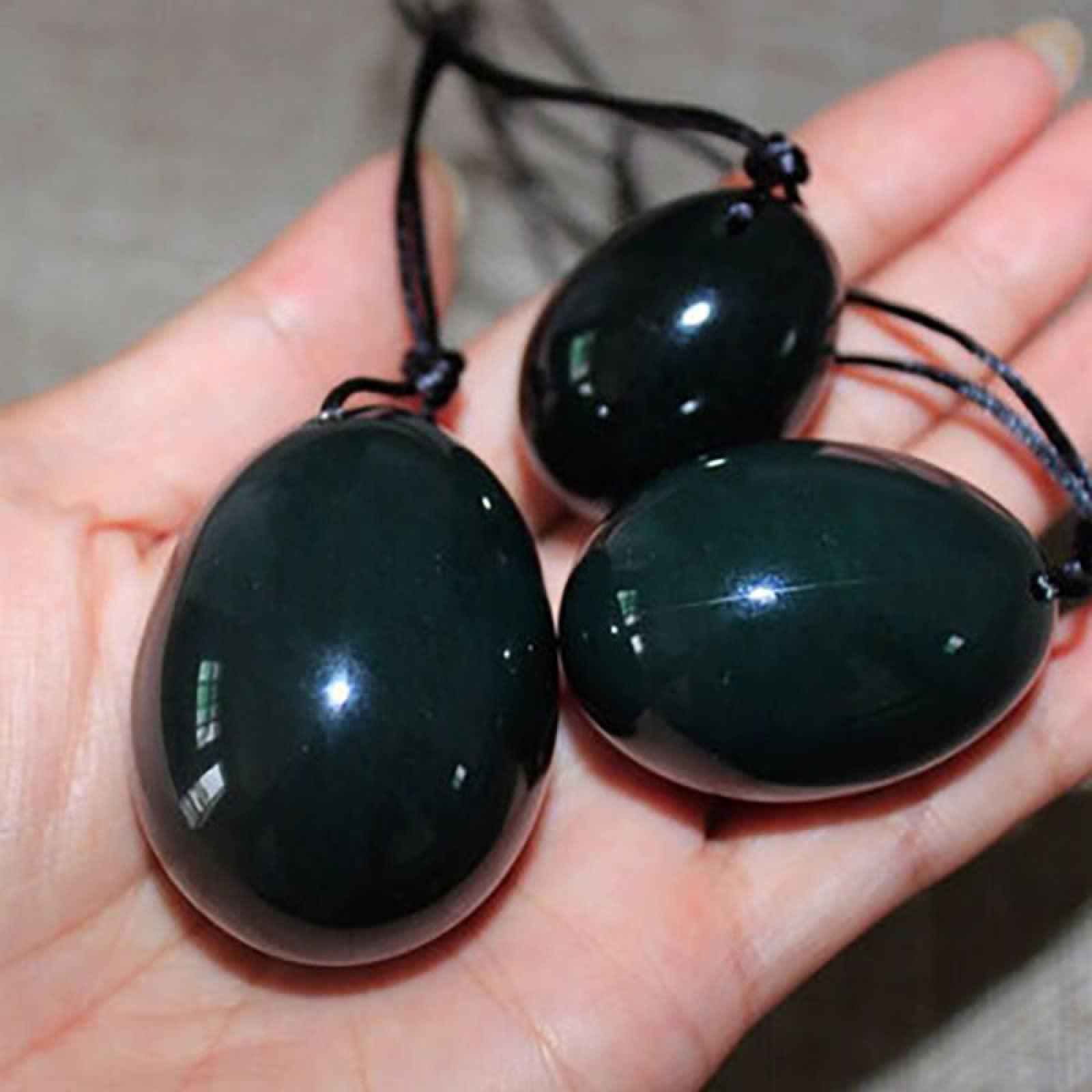 FOCCAR FOCCAR 3pcs Nephrite Jade Eggs for Women Exercise Jade Egg Set Drilled Massage Stone Natural Stone