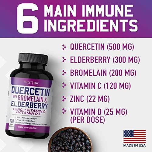gflow vitamins Quercetin with Vitamin C and Zinc - Quercetin 500mg - Quercetin with Bromelain - Zinc Quercetin - 120 Veggie Caps - Elderberry with zinc and Vitamin c for Adults (Non-GMO, Vegan) 2 Months Supply