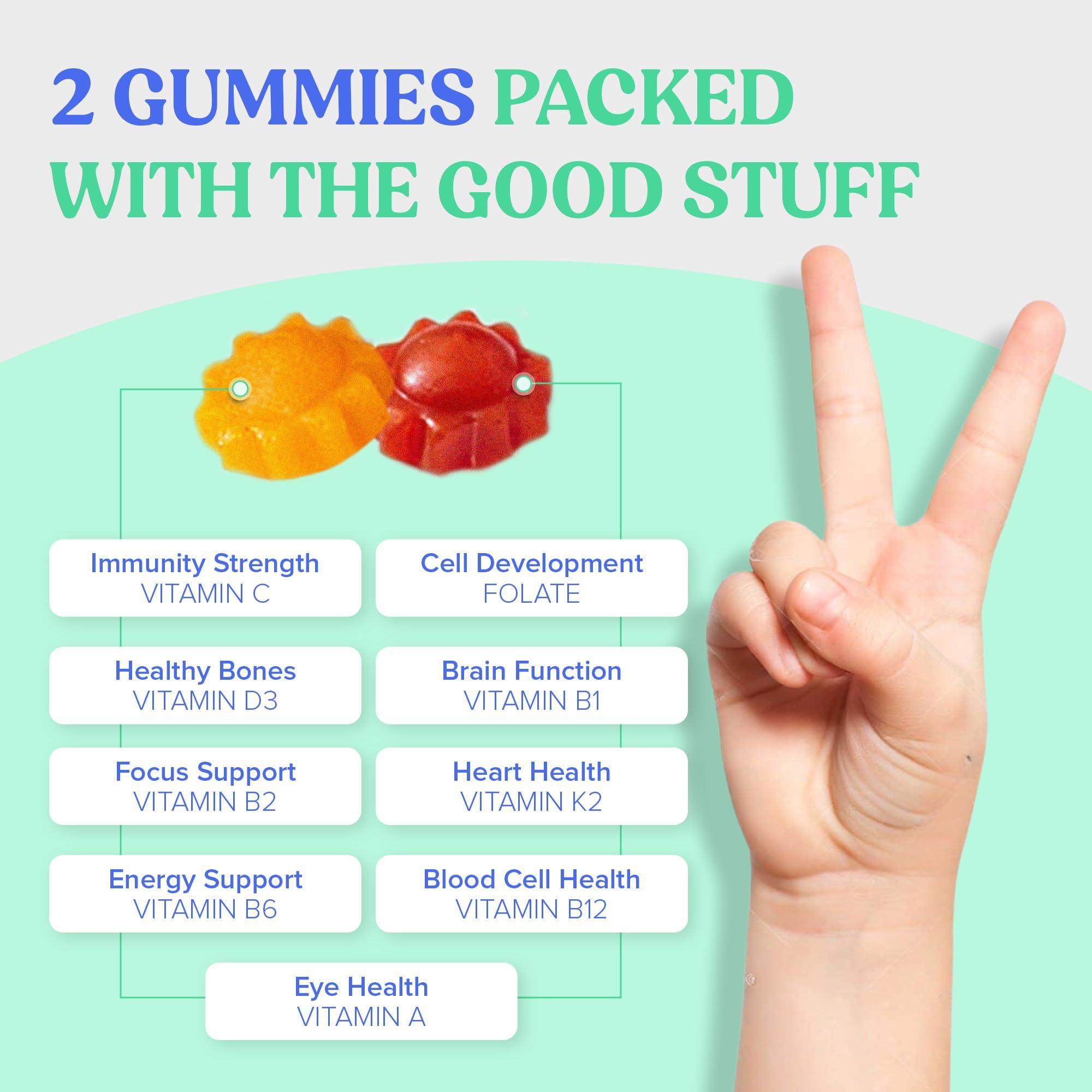 FIRST DAY FIRST DAY Kids Essential Multivitamin Gummies, Vitamin A, D3, B6, B12, C, K2 & More + Organic Fruits & Veggies for Growth, Brain, Immunity. Natural Strawberry & Orange Flavor, Low Sugar. 60-Day Supply