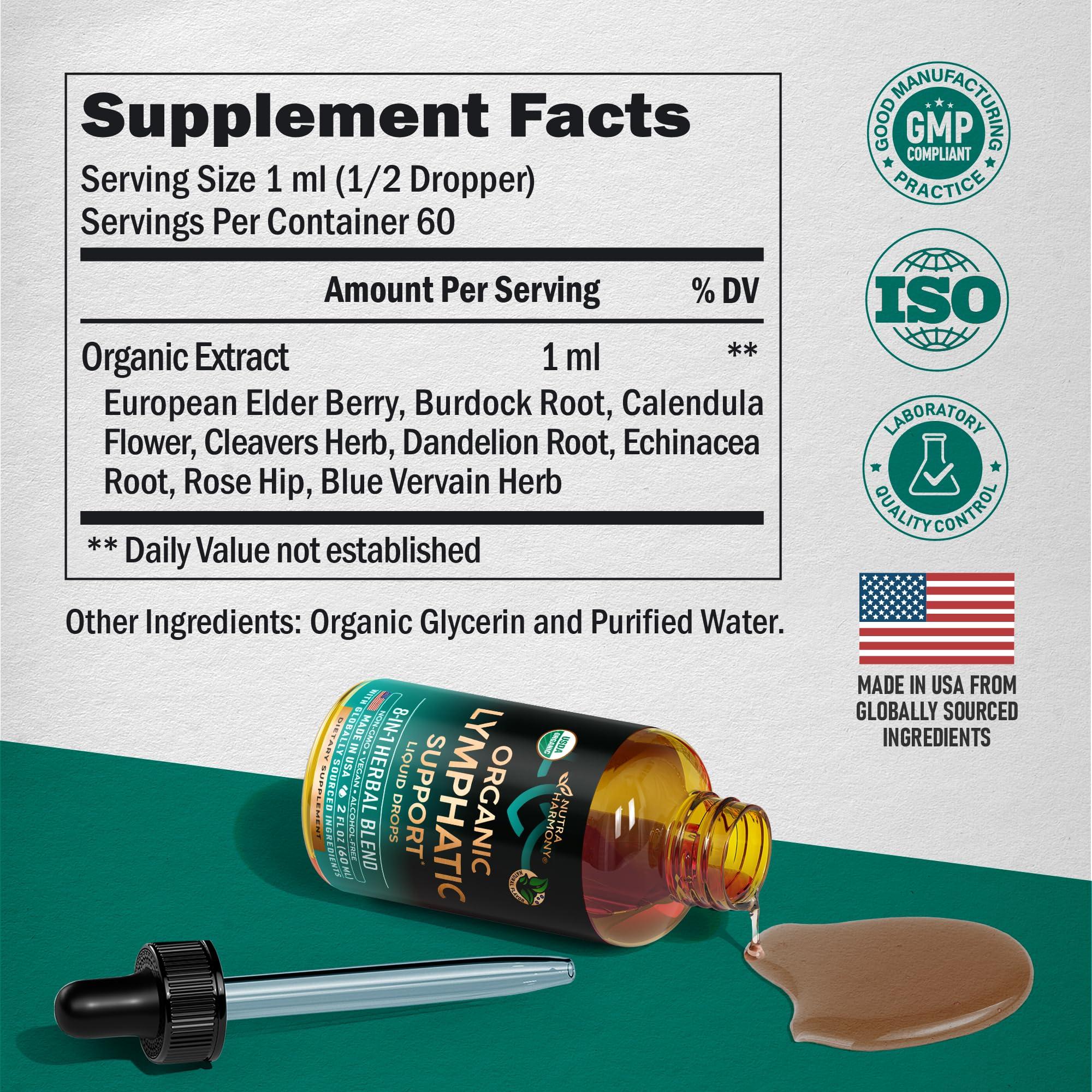 NUTRAHARMONY USDA Organic Lymphatic Drainage Supplement - Echinacea | Elderberry | Dandelion | Rosehip | Cleavers | Calendula | Burdock - Made in USA - Lymph System Drops - Immune Support, Cleanse & Detox, 2 fl oz