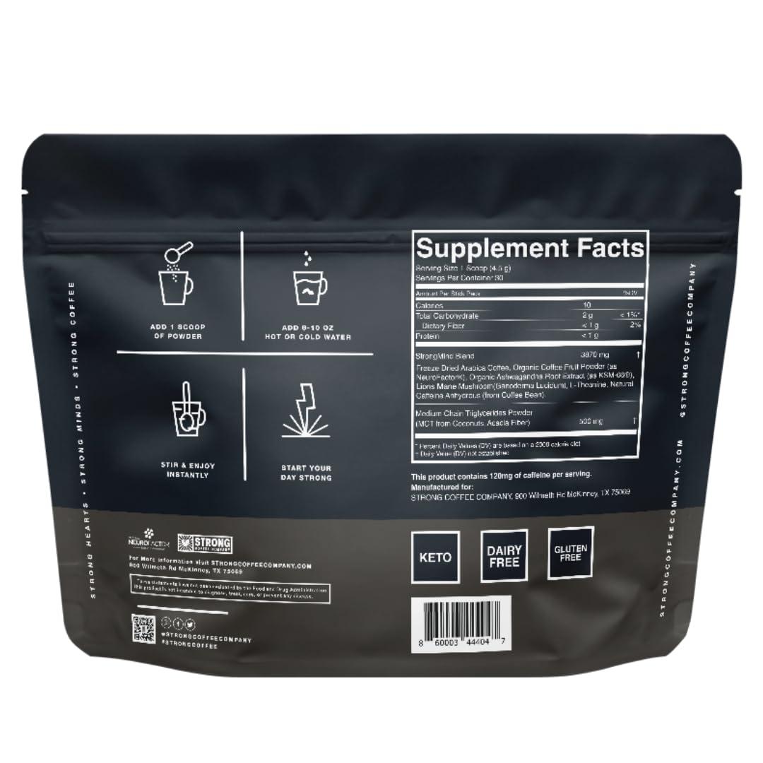 STRONG COFFEE COMPANY STRONG COFFEE COMPANY, INSTANT BLCAK COFFEE - 30 Servings, Extreme Focus, Adaptogen Coffee, No Jitters, No Crash