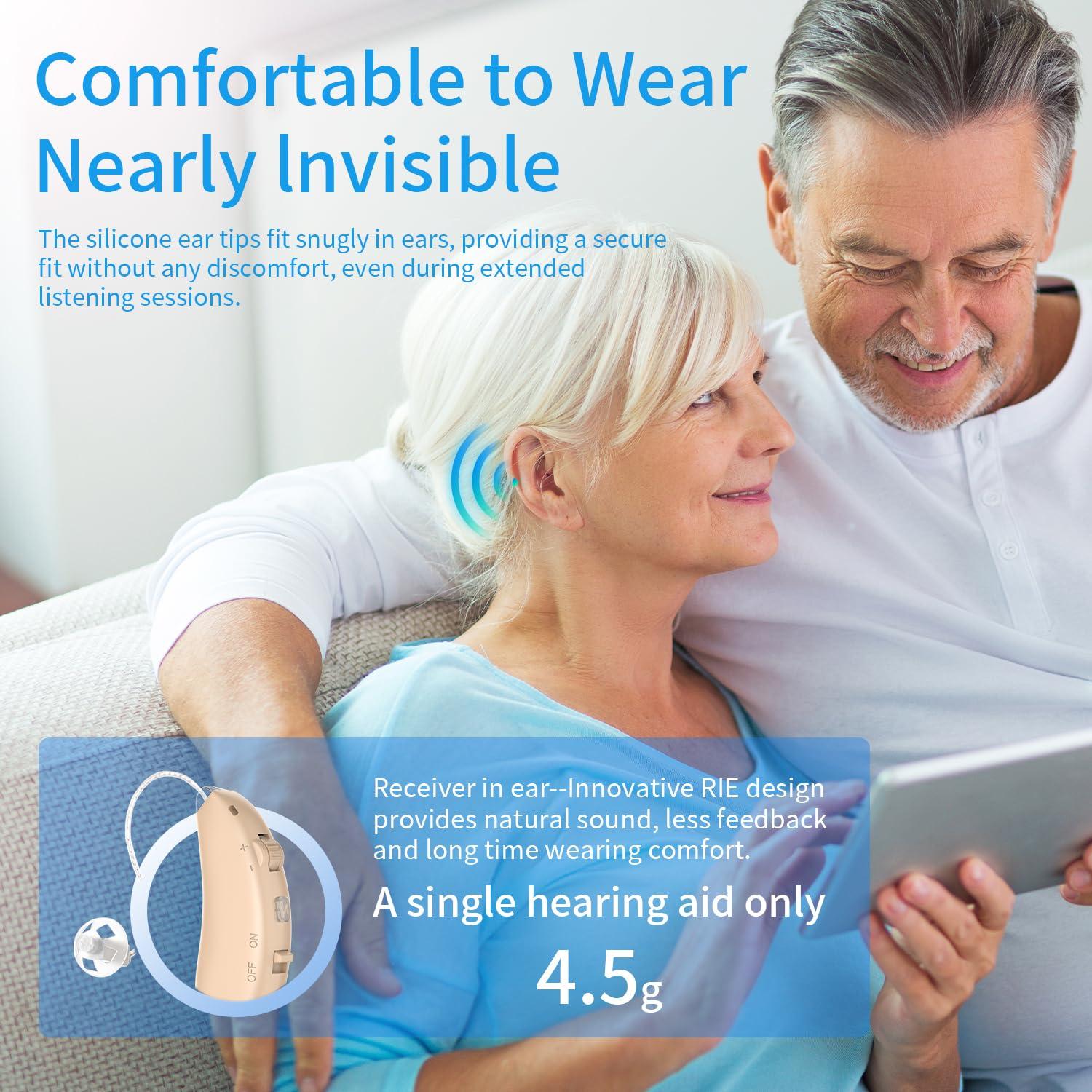 OMAGISM hearing aids for seniors rechargeable with noise cancelling,, 16 Channels Digital RIC Hearing Aids with Real Voice, Invisible Comfortable without Whistling Charging Box Displaying PowerOTC hearing