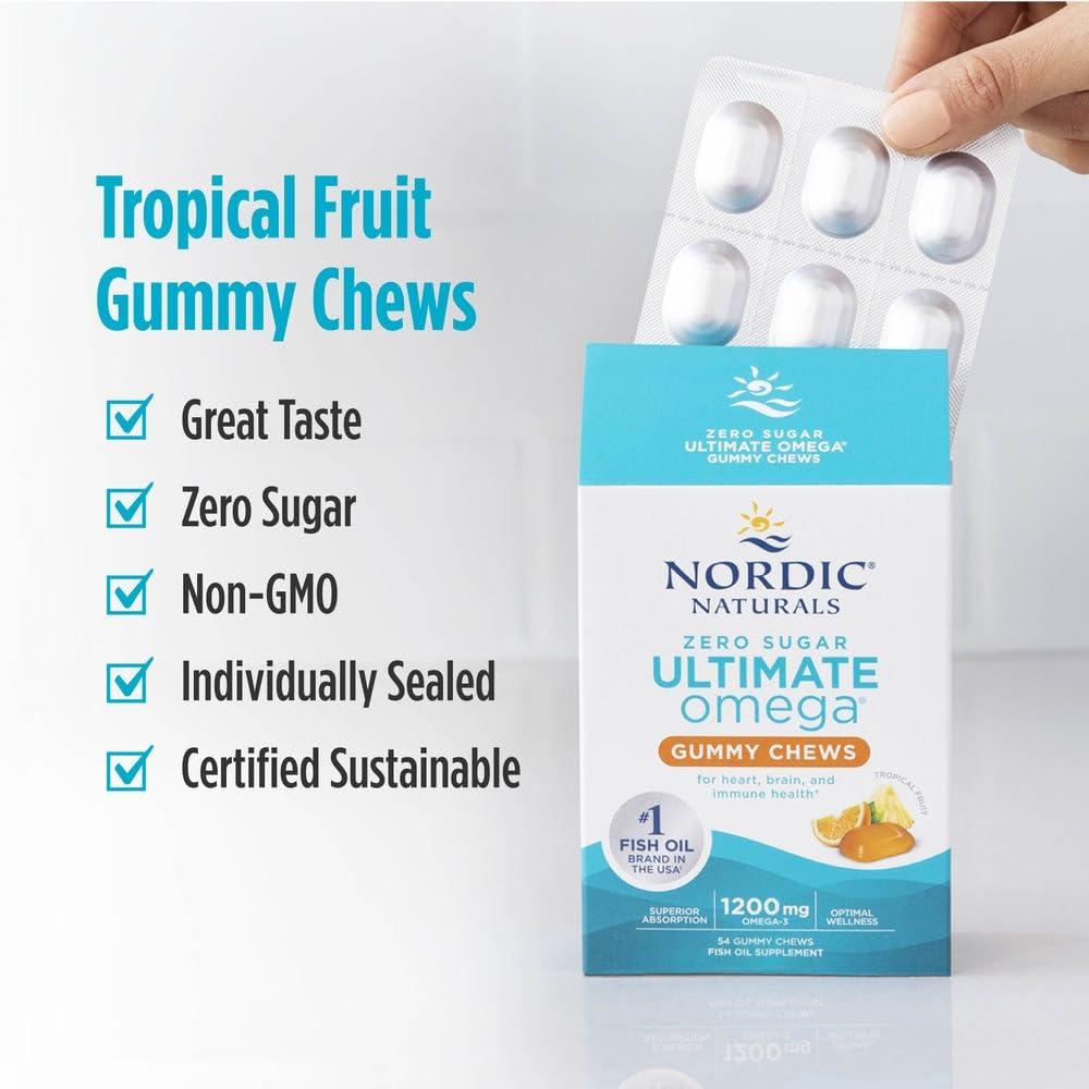 Nordic Naturals Nordic Naturals Zero Sugar Ultimate Omega Gummy Chews, Tropical Fruit, 54 Gummies, Supports Heart, Brain, and Immune Health, Non-GMO, Vegetarian, 27 Servings