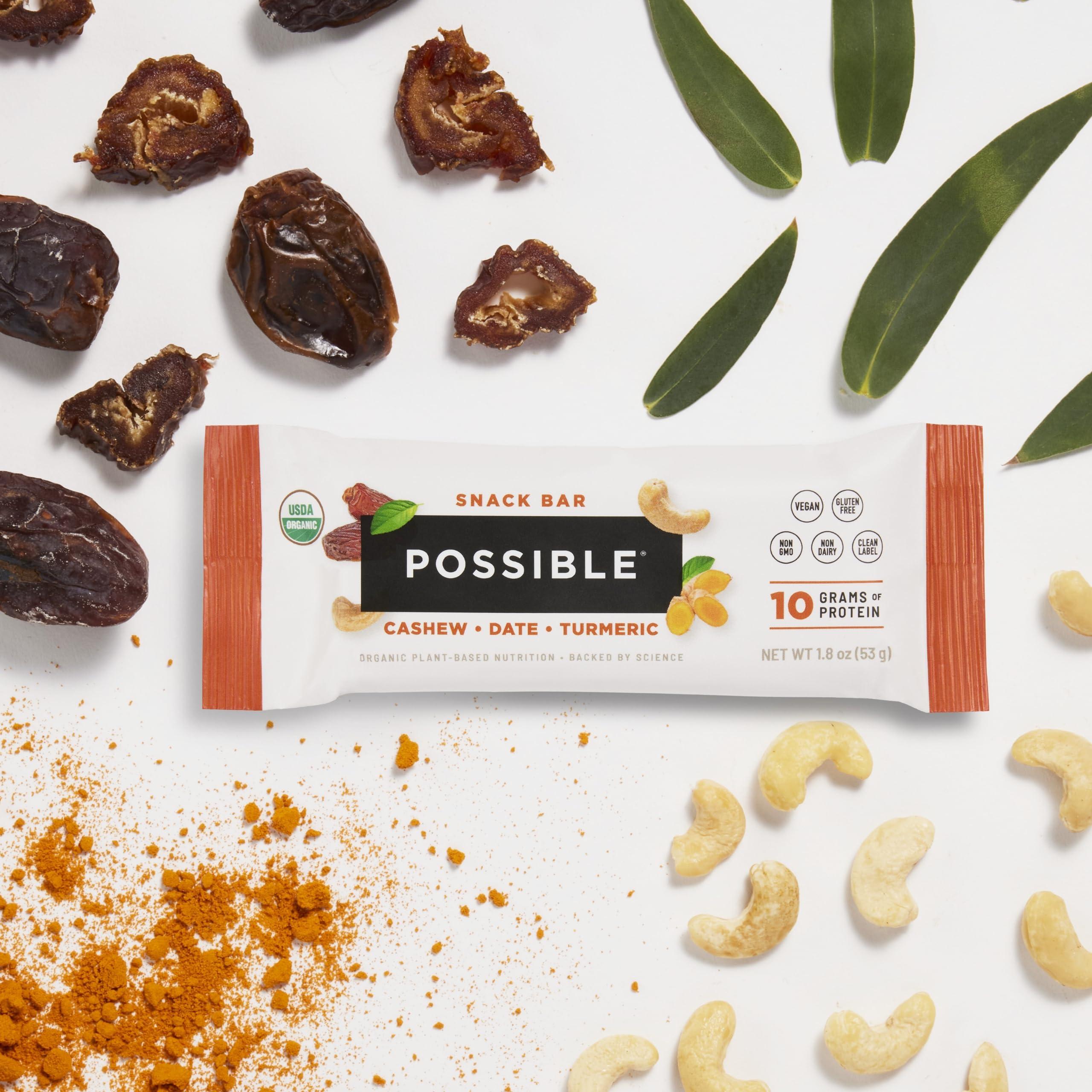 Possible POSSIBLE Snack Bar - Organic Energy Bars with 10g of Plant-Based Protein - Vegan, Gluten-Free, Non-Dairy, USDA Organic - Healthy Fats - Clean Label - 1 Box, 12 Servings - Cashew Date Turmeric