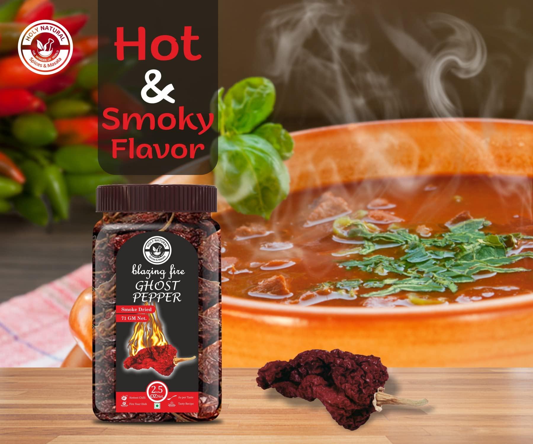 Holy Natural - The Wonder of World Ghost Pepper Chili Whole (Bhut Jolokia Chili/Ghost Pepper Pod) – 2.5 oz/71 gm, 100% Pure, Smoked, Hottest & Spicy Chili of the world, Add Unique, Delicious, and Smoky Flavour to Your Favourite Dishes
