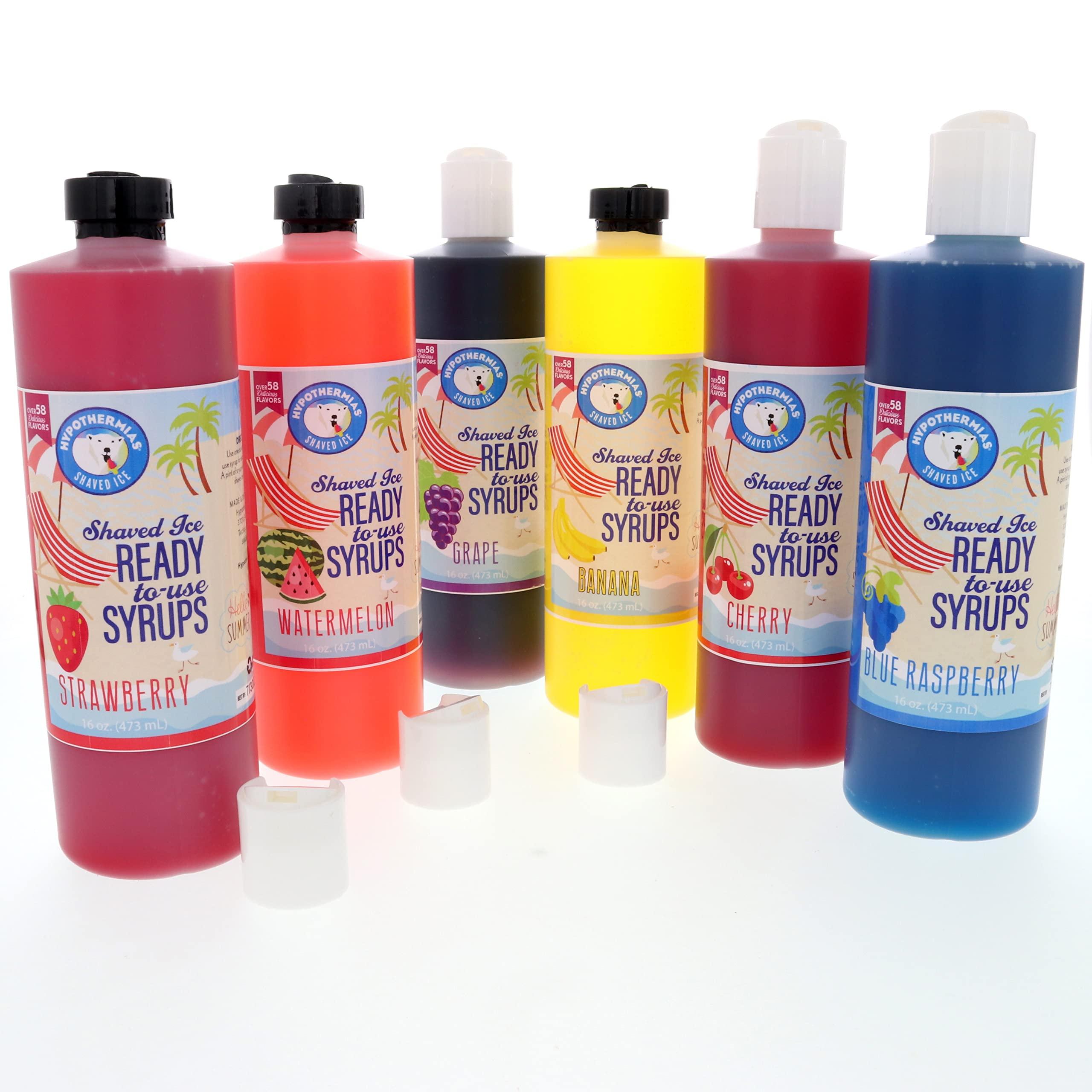 Hypothermias Hypothermias Shaved Ice & Snow Cone Syrup Variety Pack - 6 Pints (16 Fl. Oz.) - Blue Raspberry, Cherry, Strawberry, Grape, Watermelon, Banana - Non-GMO 100% Pure Cane Sugar, BPA-Free Plastic Bottles with Pour Top