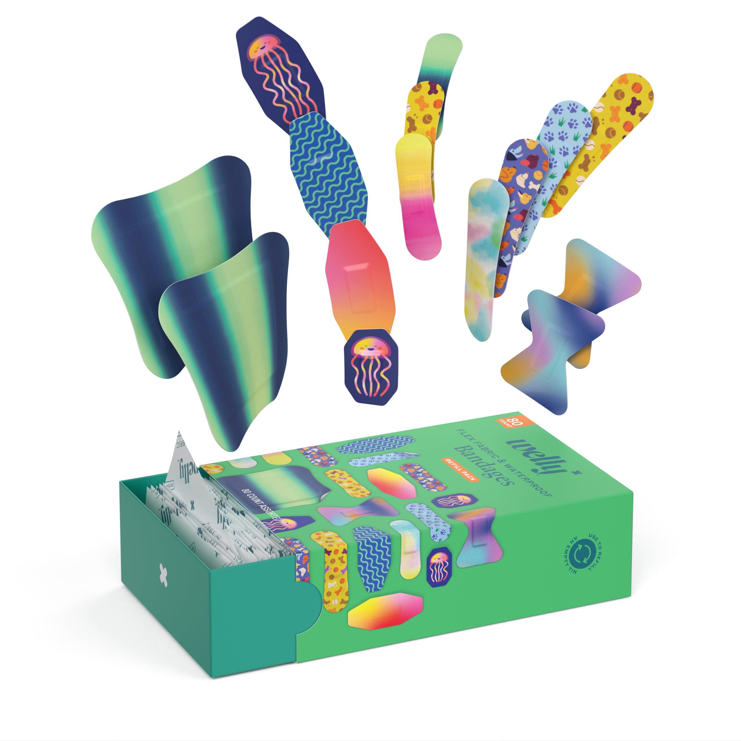 Welly Welly Bandage Family Pack | Adhesive Flexible Fabric & Waterproof Bandages | Assorted Shapes and Patterns for Minor Cuts, Scrapes, and Wounds - 80 Count
