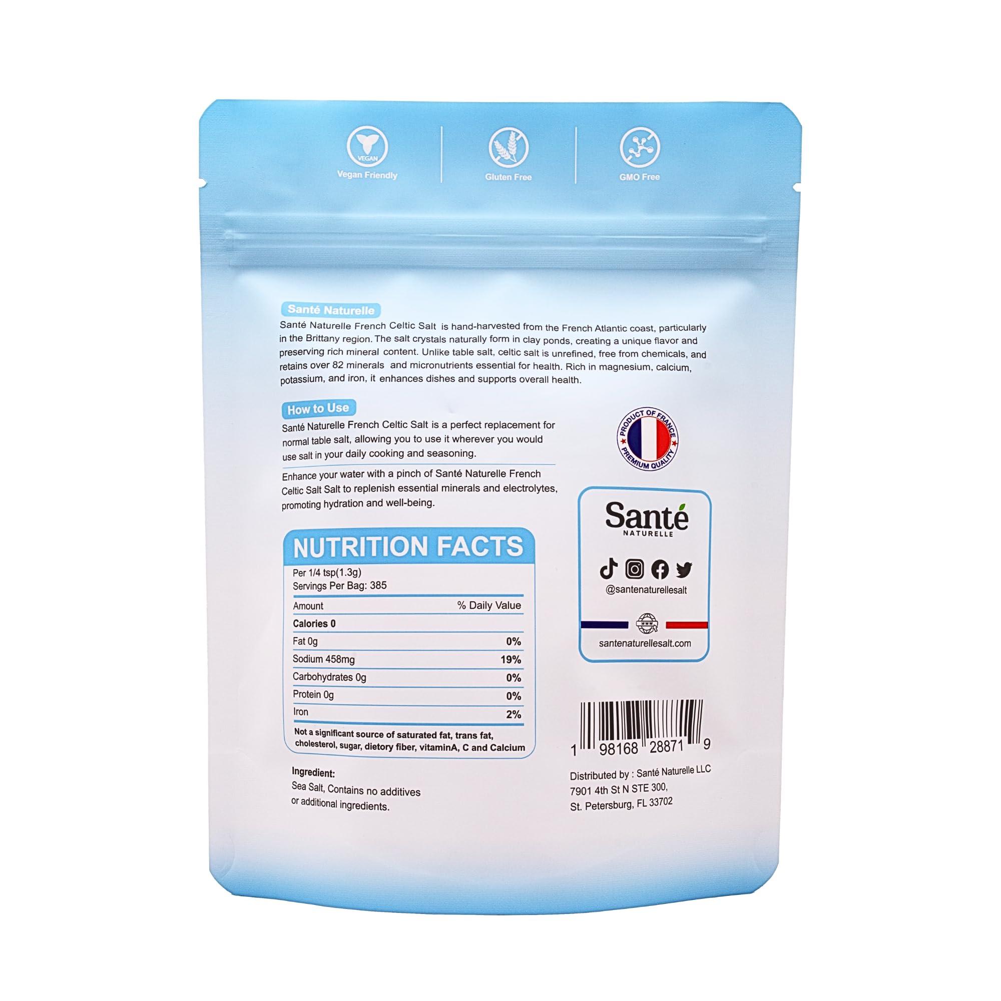 Sante Naturelle Sante Grey Coarse Sea Salt From the Celtic Sea - 1.1lb (18oz) Unrefined French Sea Salt Organic, Rich in 82+ Minerals Salt, 100% Natural & Hand Harvested